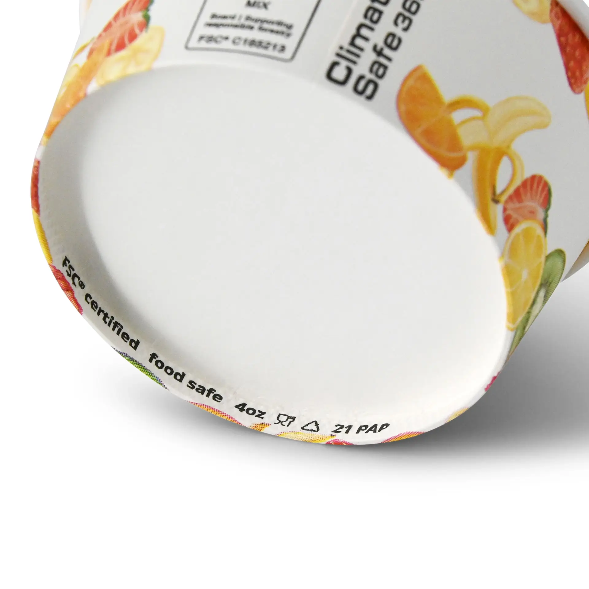 XS papierowy kubek na lody z nadrukiem owoców; powłoka PE dla ciepłych i zimnych potraw; pojemność 4 oz; certyfikowane FSC.
