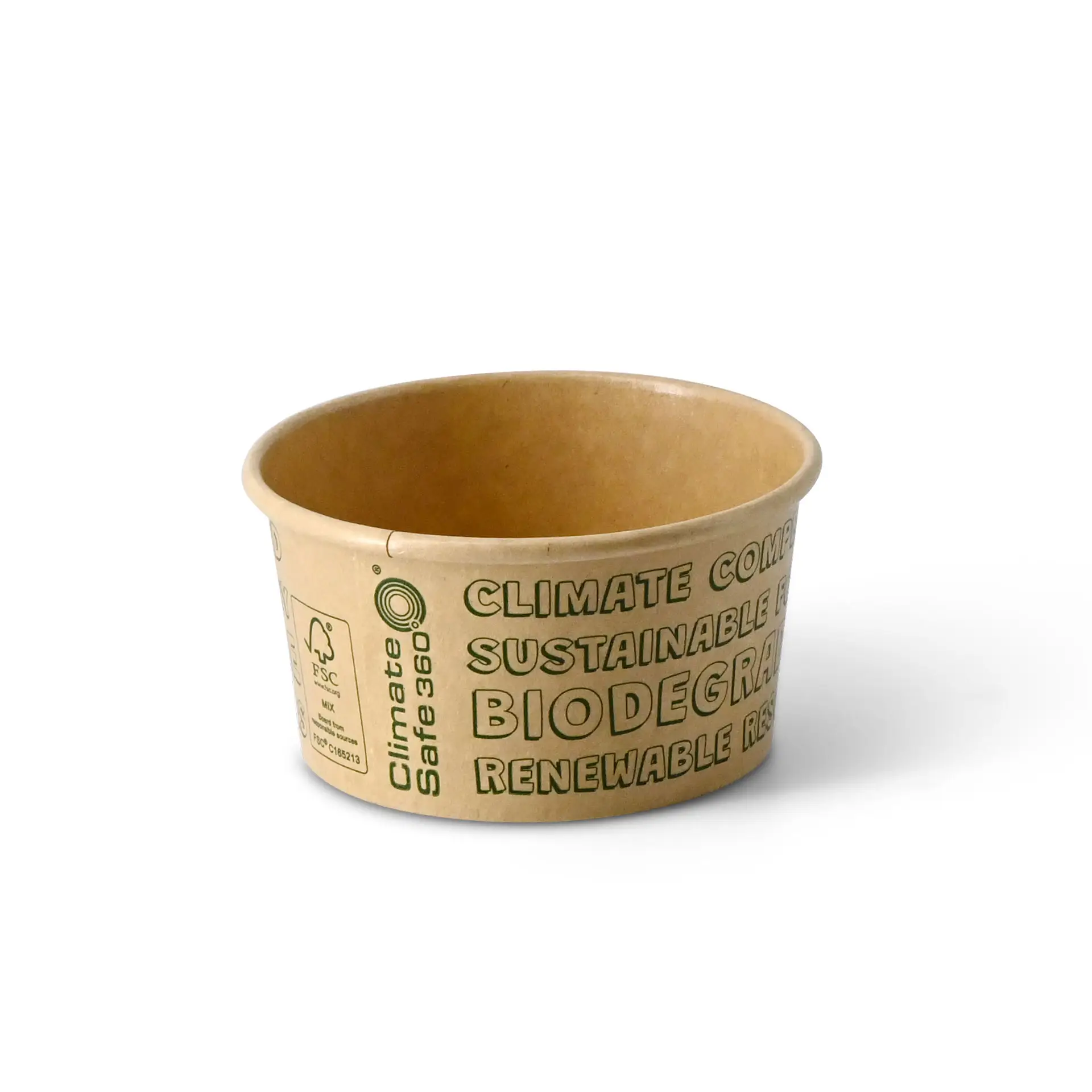 Brąski papierowy kubek na lody z nadrukiem ekologicznym; odpowiedni do lodów i biologicznie rozkładalny zgodnie z DIN EN 13432.