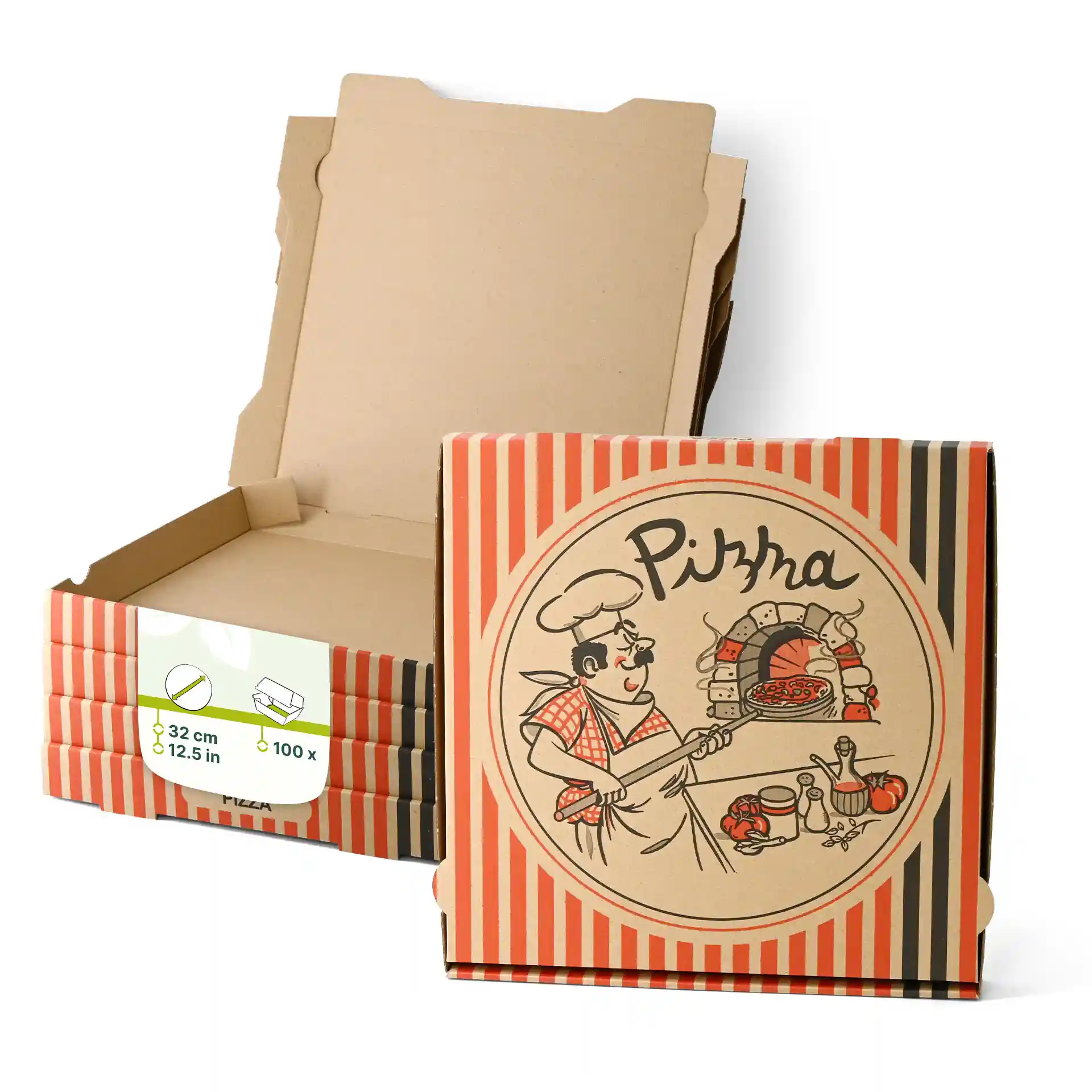 Pudełko na pizzę z wzorem szefa kuchni, wymiary 32 x 32 x 4 cm, pokazane z kilkoma ułożonymi pudełkami.