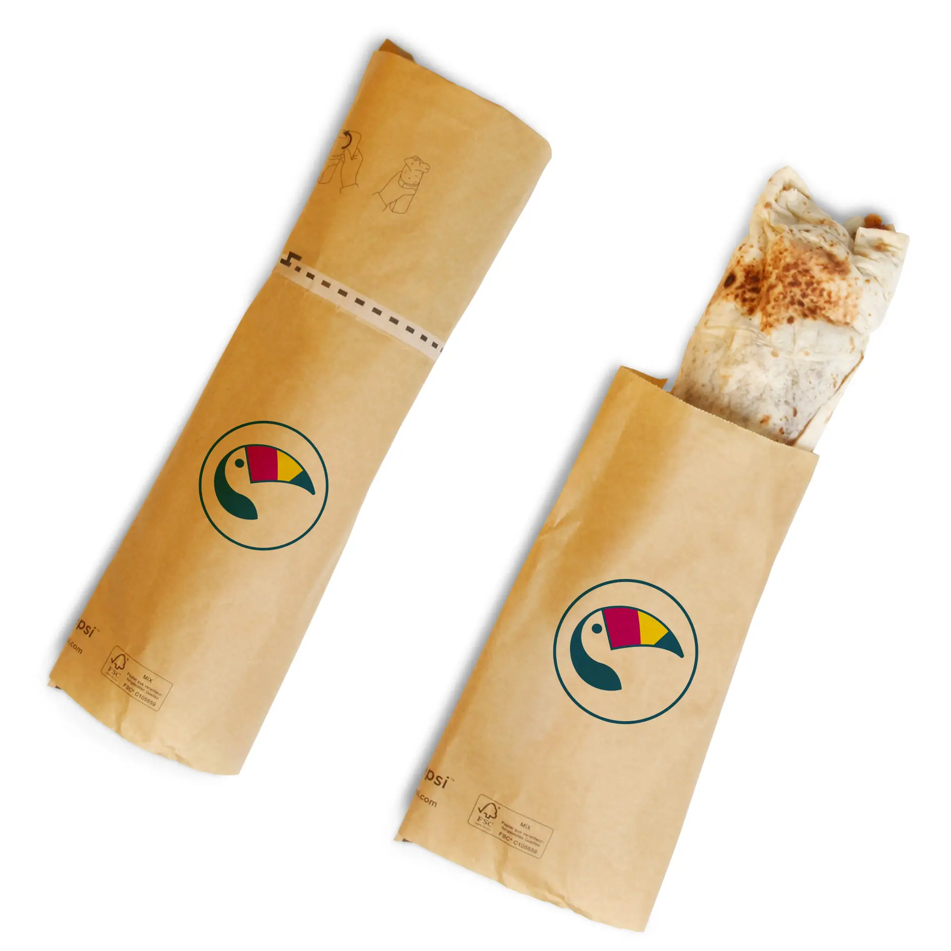 Niestandardowe drukowane opakowanie z zamknięciem na klej; zawiera owijkę z trwałego papieru odpornego na tłuszcz.