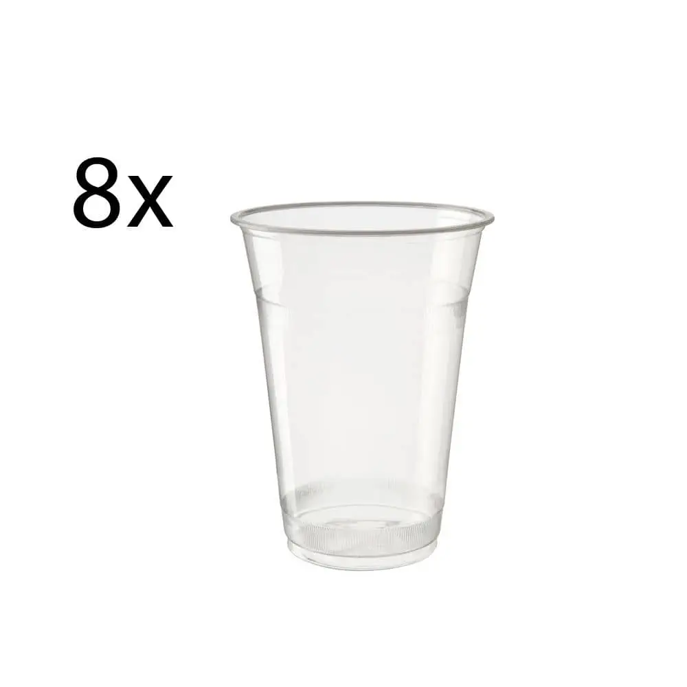 Jeden przejrzysty kubek PLA, 400 ml, wyeksponowany; inne podobne kubki pokazane z obniżoną przezroczystością.