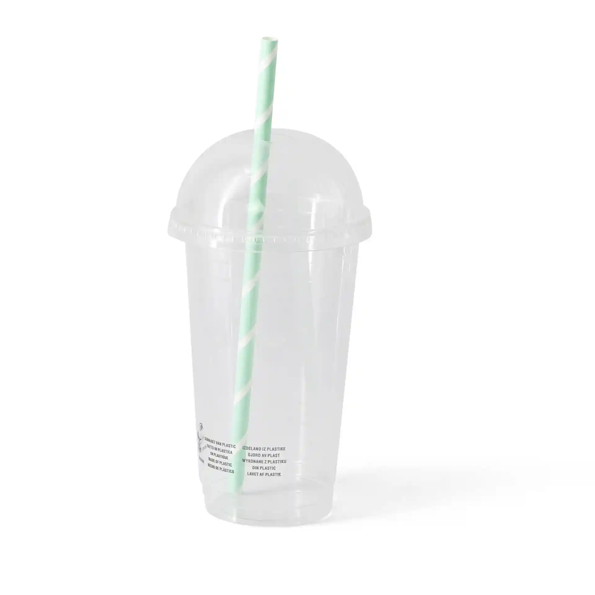 Przezroczysty kubek PLA z kopułkową pokrywką i zieloną słomką w paski, pojemność 500 ml.
