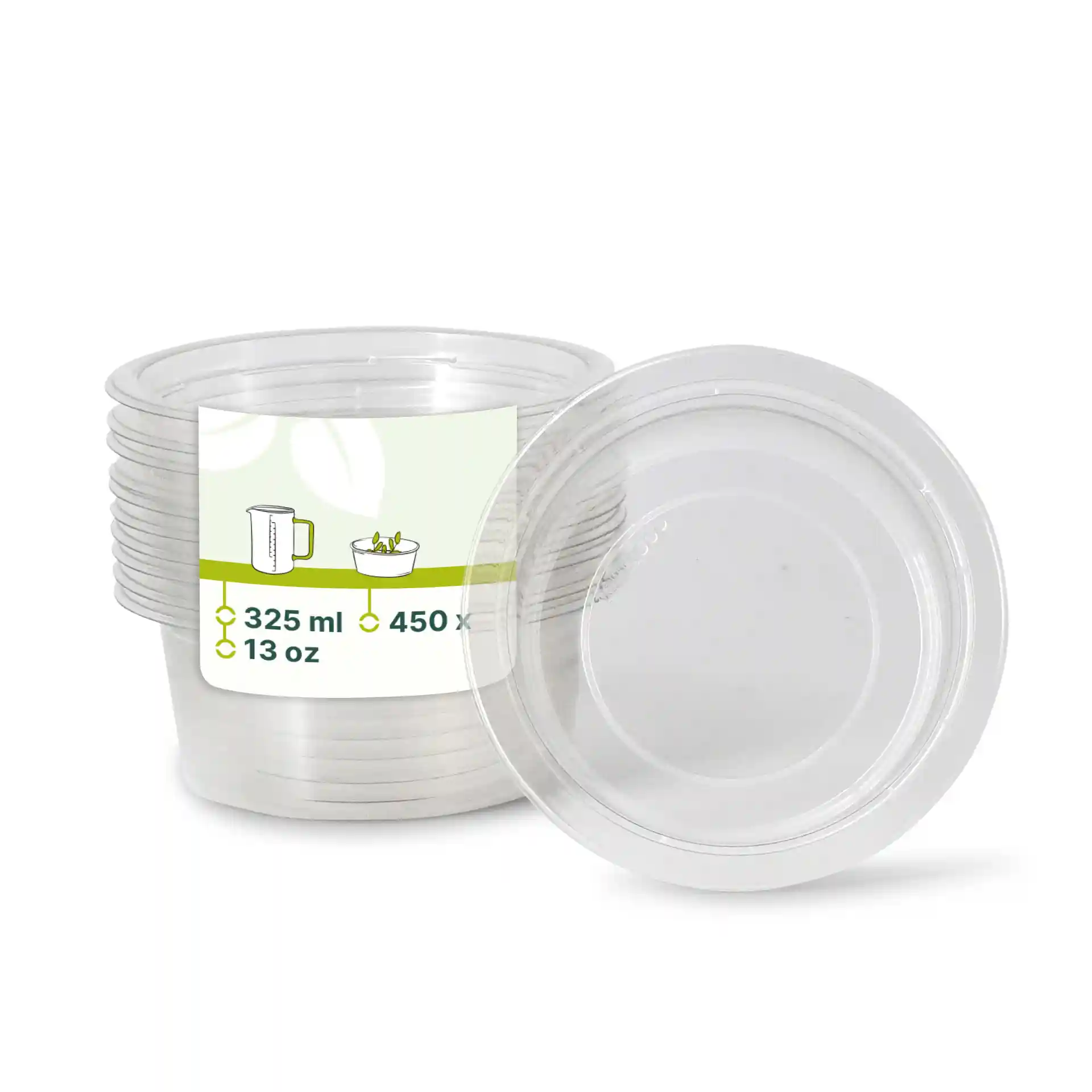 Przezroczyste okrągłe pojemniki rPET, ułożone w stos, każdy o pojemności 325 ml i średnicy 123 mm.