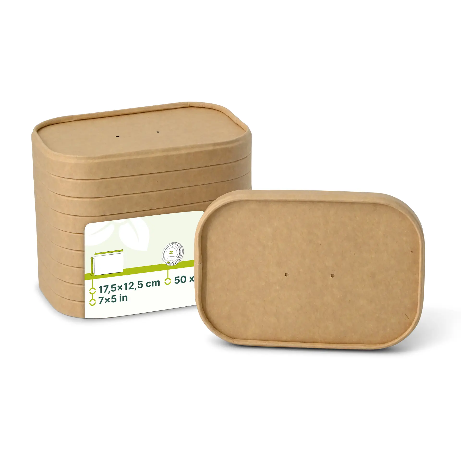 Prostokątne brązowe papierowe pokrywki do pojemników na żywność, 17,5 x 12,5 cm; konstrukcja umożliwiająca piętrowanie z otworami na parę.