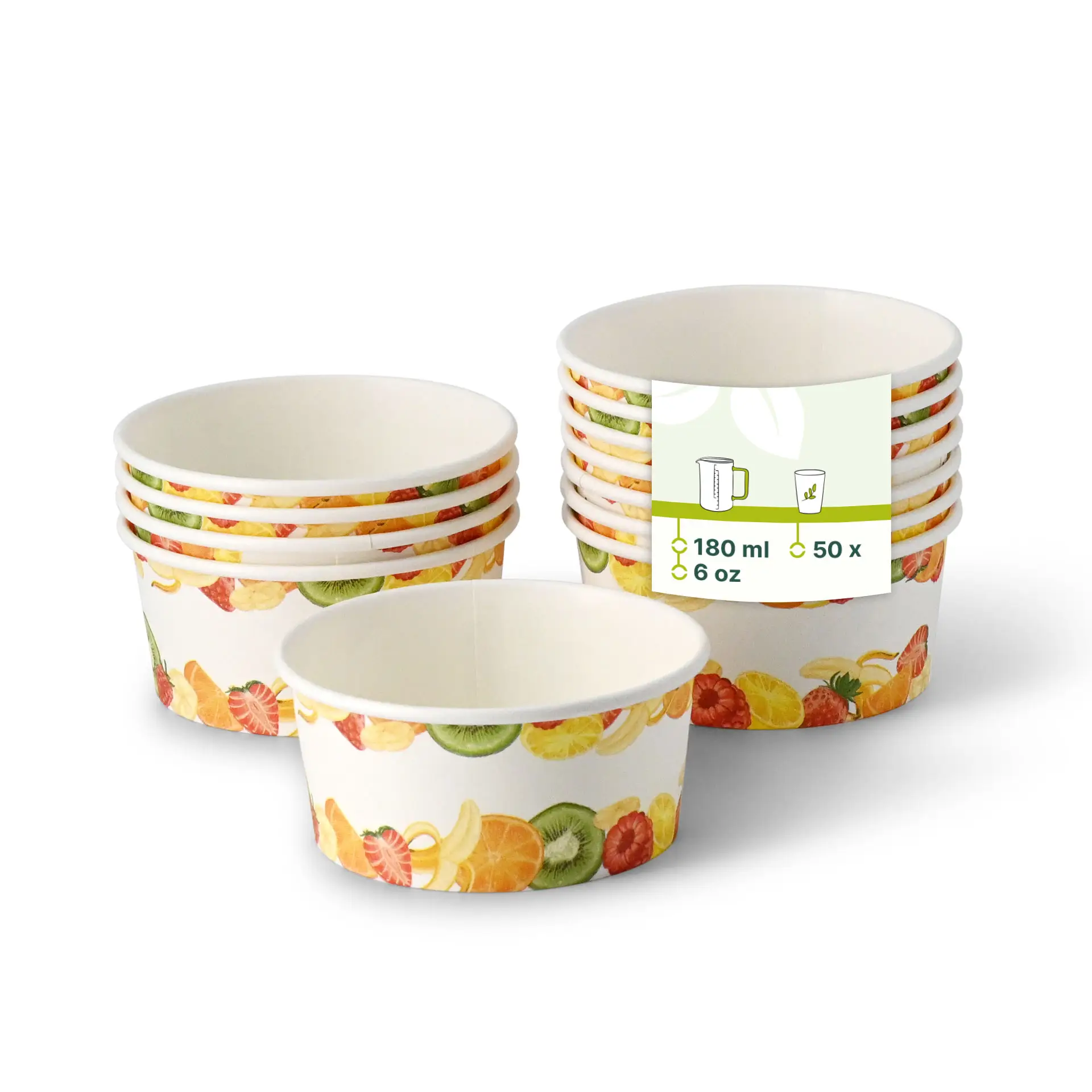 Jedna papierowa miseczka na lody z nadrukiem owoców w centrum; dodatkowe podobne kubki pokazane z obniżoną przezroczystością.