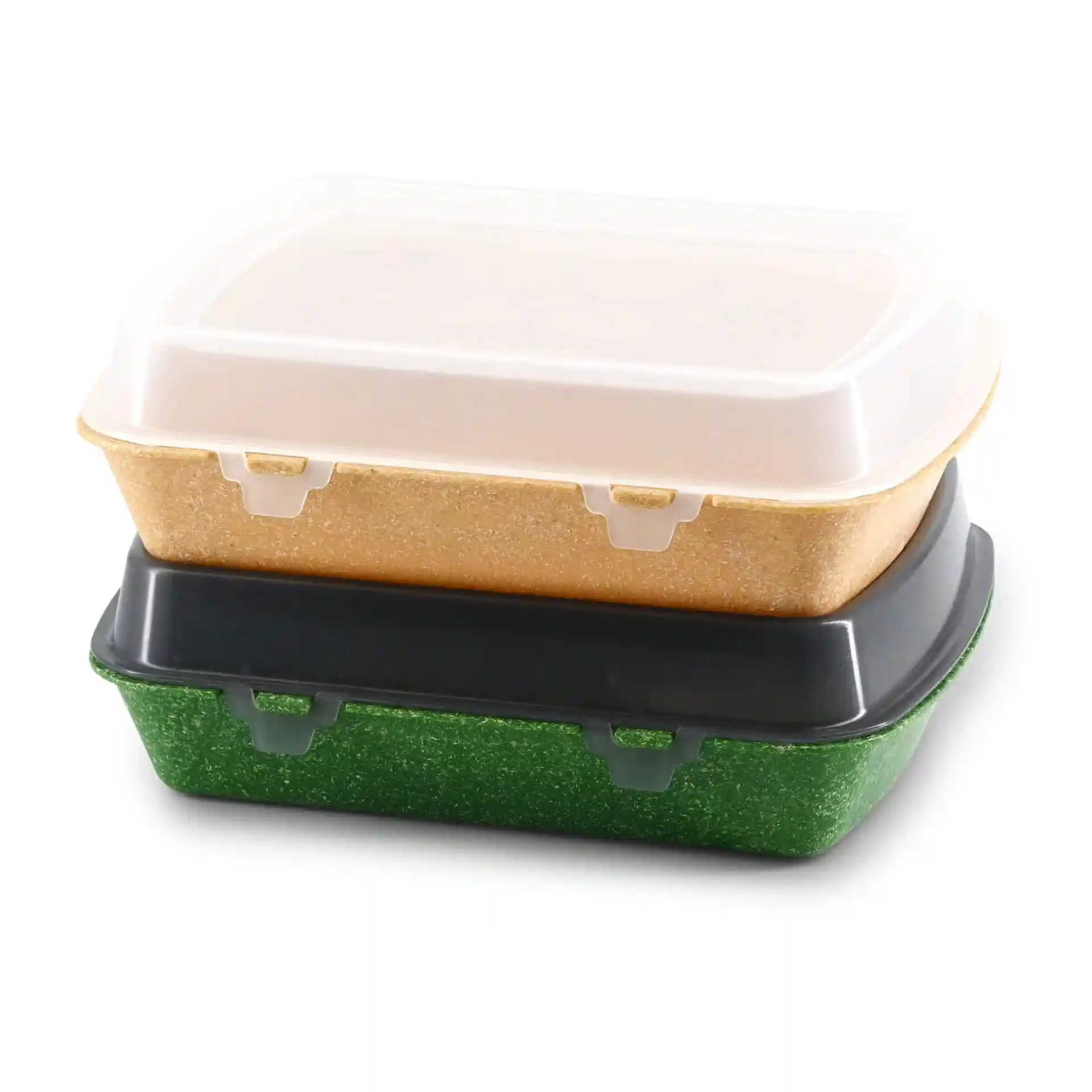Stosowane wielokrotnego użytku pojemniki na menu w brązie i zieleni z przezroczystą pokrywką, 24,5 x 20 x 4,5 cm.
