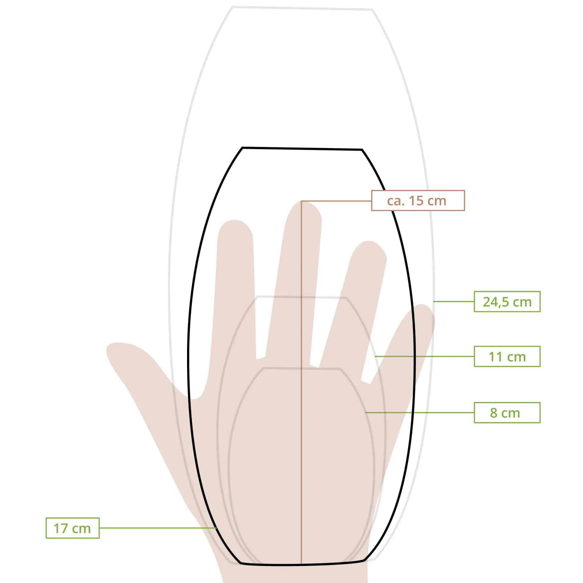 Zarys ręki trzymającej 17 cm wysoką, wysokiej jakości drewnianą łódź na jedzenie, z wskaźnikami pomiarowymi dla rozmiaru i kształtu.