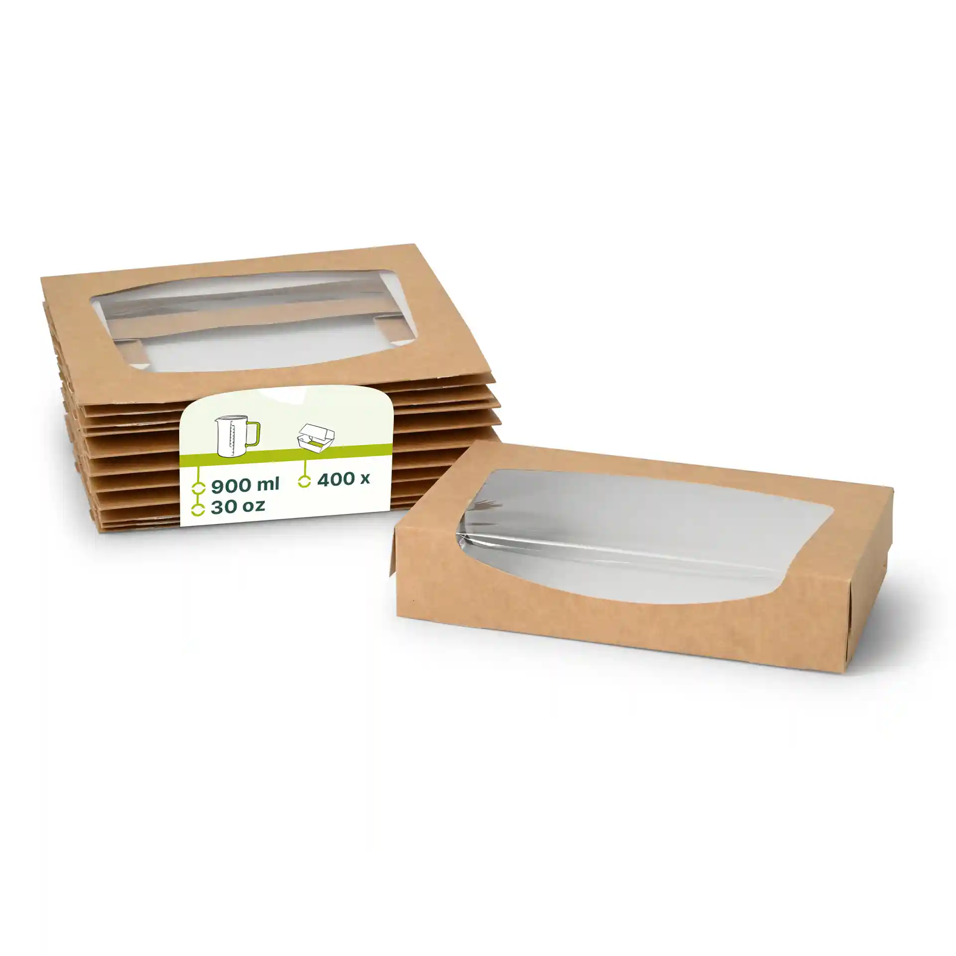 Brązowe kartonowe pudełka z oknem i przezroczystą plastikową pokrywą, 20 x 12 x 4 cm, ułożone z jedną pudełkiem z przodu.