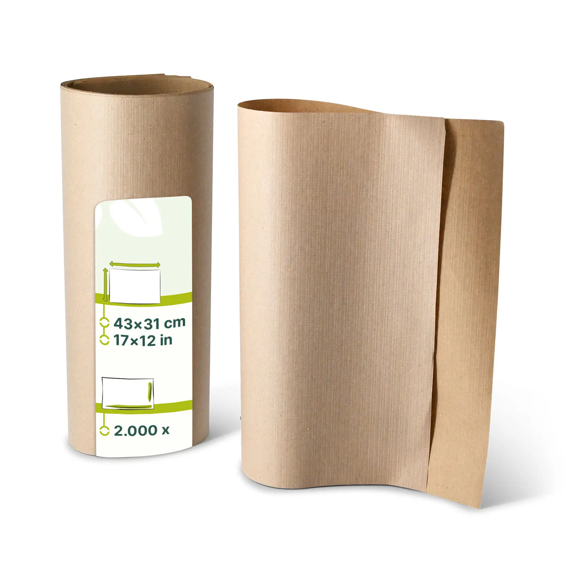 Dwie rolki niebielonego papieru rPaper na podkładki, każda o wymiarach 43 x 31 cm, z etykietą pokazującą wymiary i ilość.