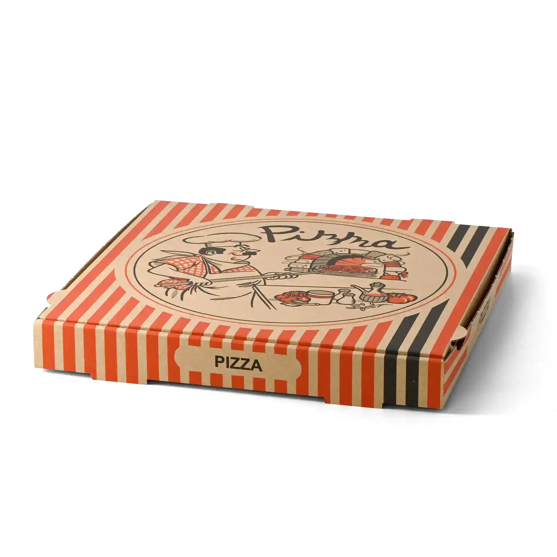 Pudełko na pizzę z brązowym wzorem przedstawiającym pizzaiolo, wymiary 32 x 32 x 4 cm.