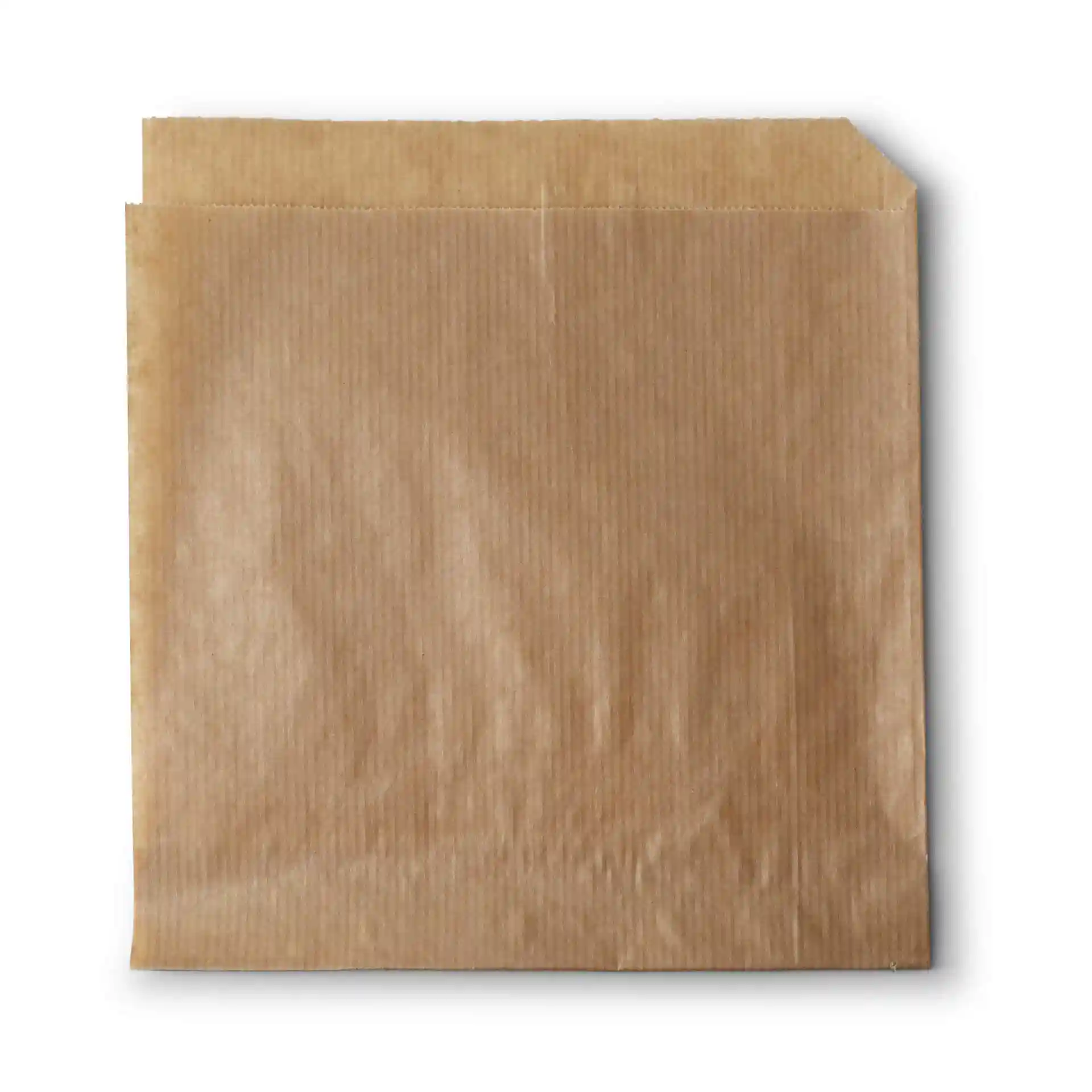 Brązowa papierowa torba na przekąski, otwarta z dwóch stron, o wymiarach 16 x 15 cm.