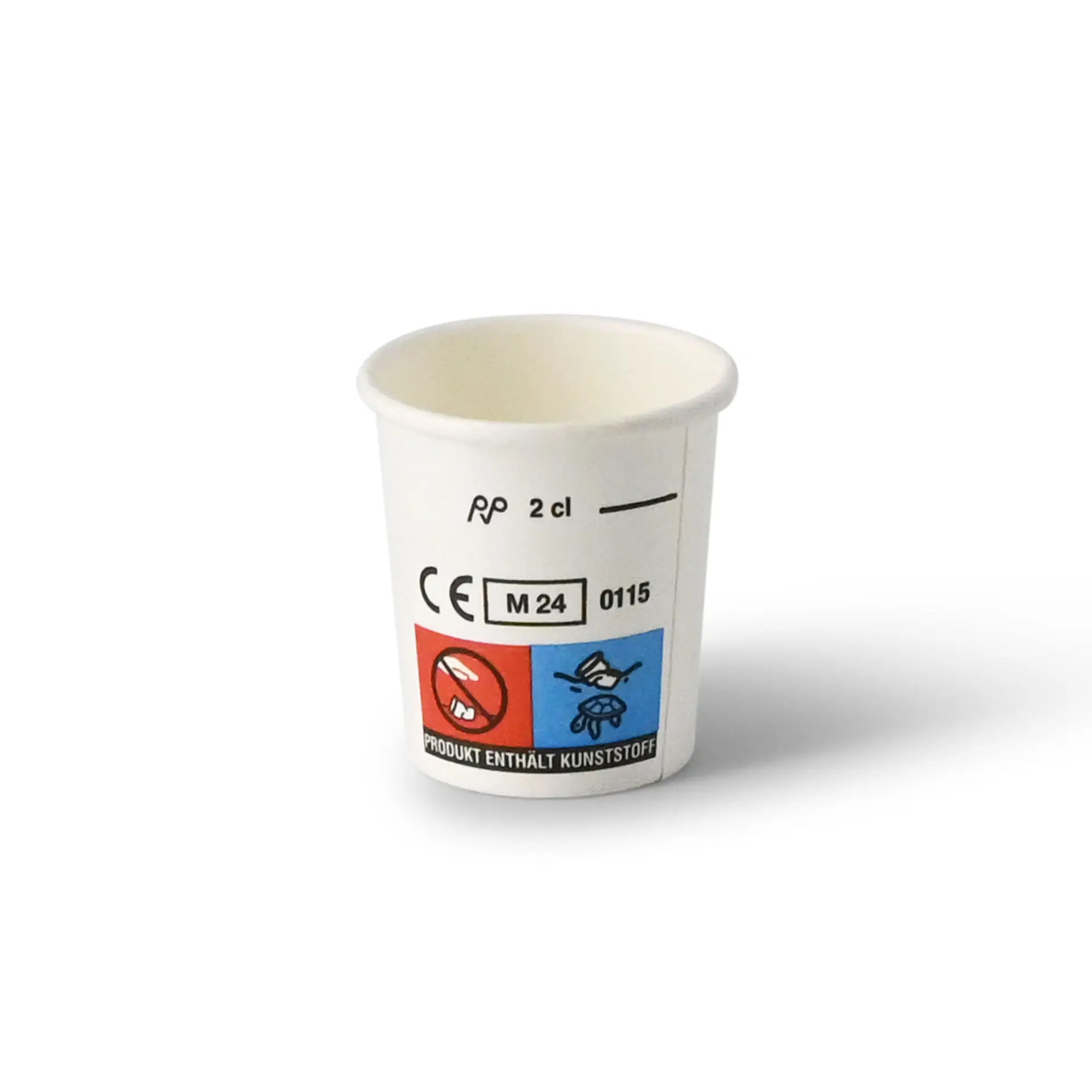 Papierowy kubek w kolorze białym, pojemność 20 ml, z oznaczeniami i symbolami; odpowiedni do degustacji różnych napojów.