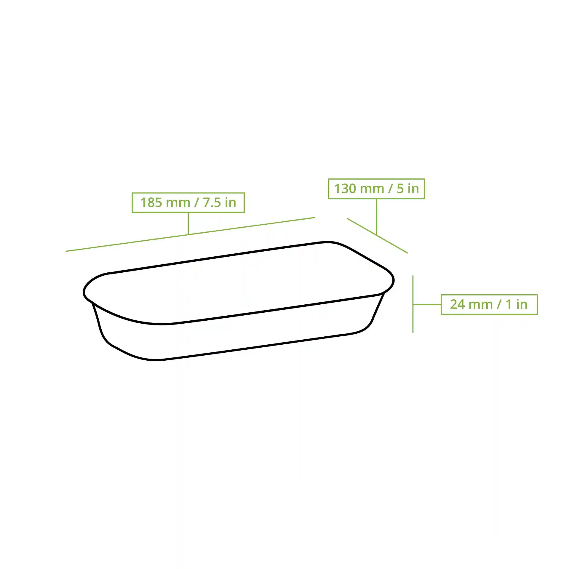 Schematyczny rysunek prostokątnego pudełka na sushi z wymiarami: 185 mm długości, 130 mm szerokości i 24 mm wysokości.