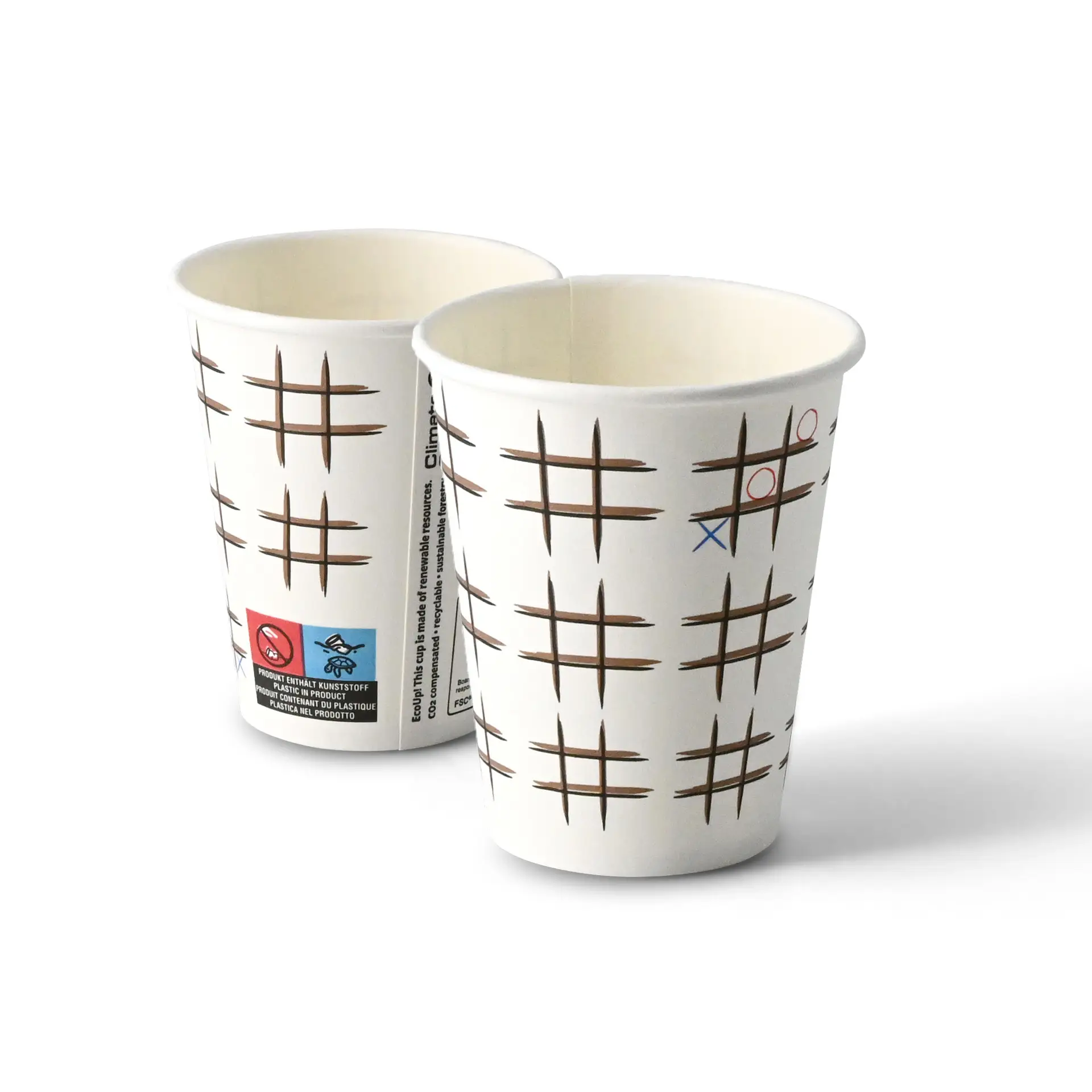 Pappbecher bedruckt "Tic Tac Toe" (beschichtet) 200 ml / 8 oz, Ø 80 mm, weiß
