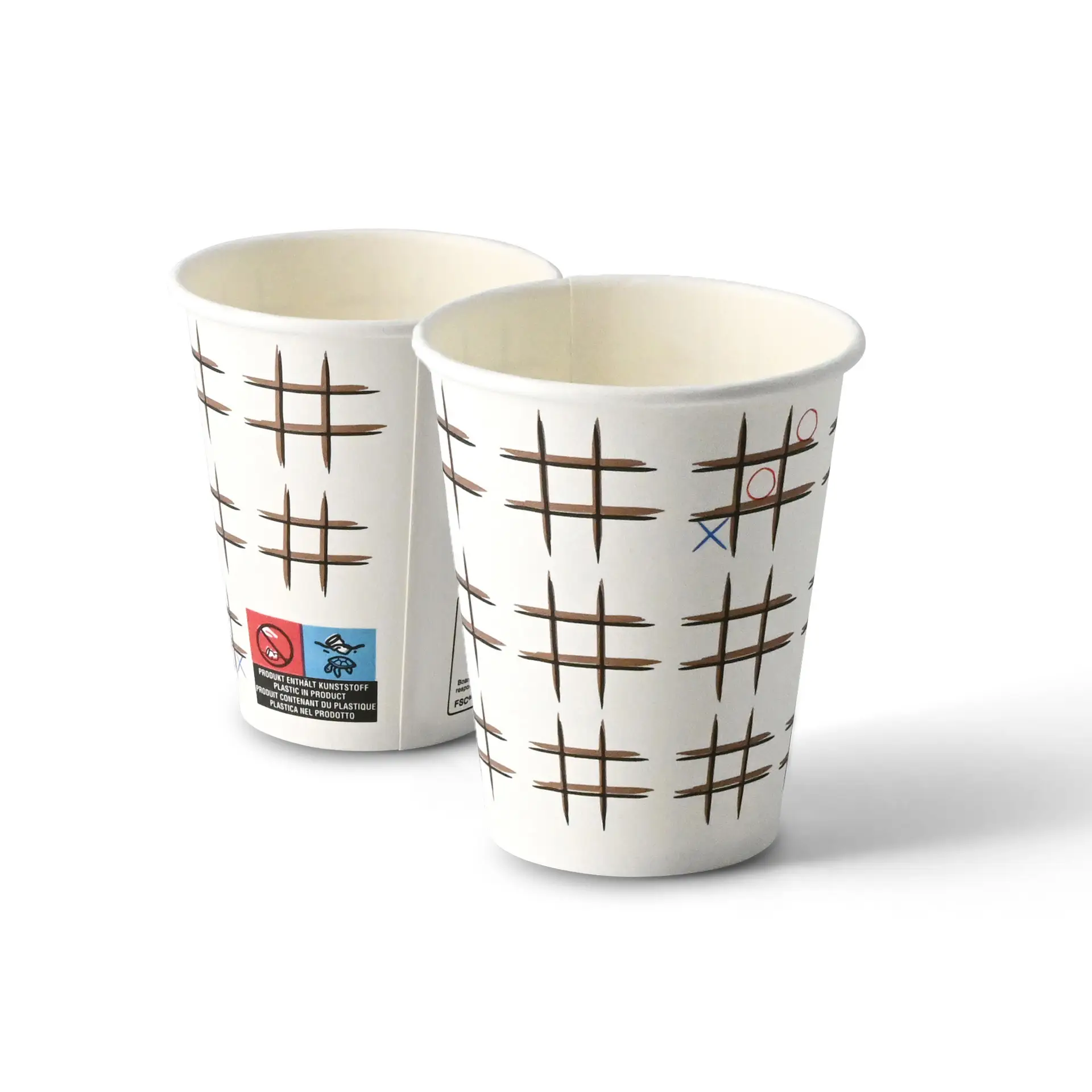 Dwa papierowe kubki 8 oz z nadrukiem "Tic Tac Toe", biały karton, okrągły kształt i widoczne etykiety na jednym kubku.