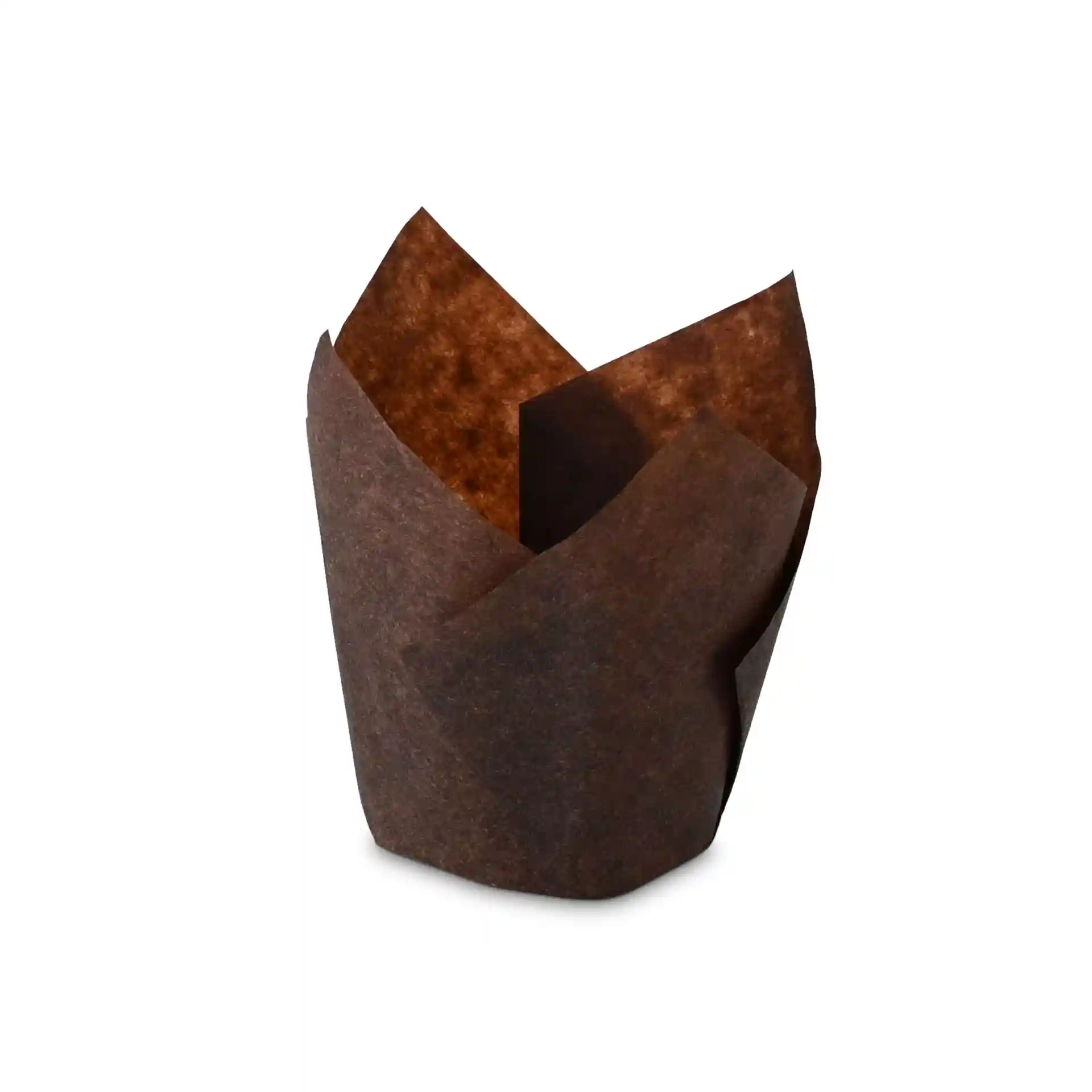 Brąski papierowy kubek na muffiny o wysokości 80 mm i średnicy 50 mm na dnie.