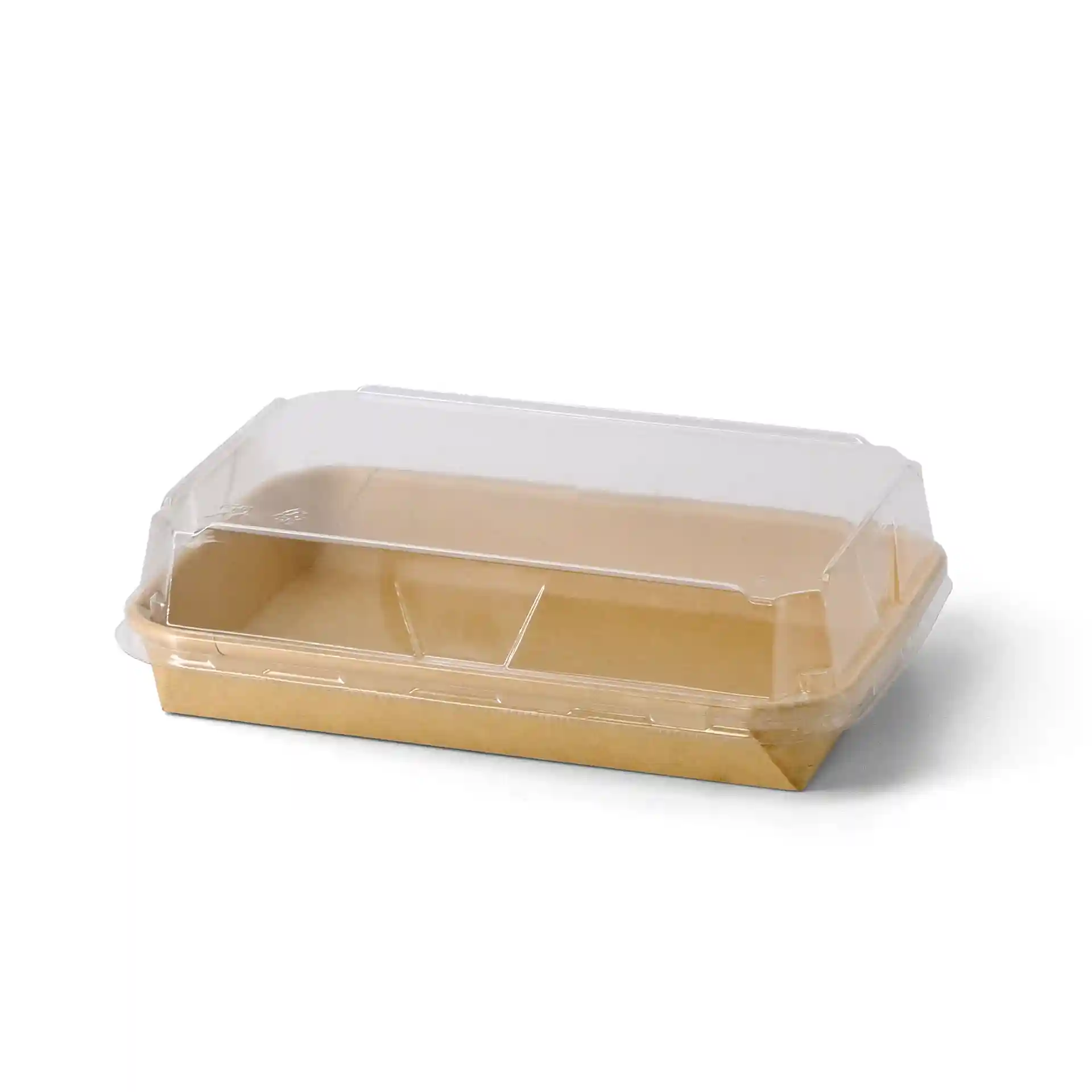 Brąski pojemnik na sushi z przezroczystą pokrywką, 18,5 x 13 x 2,5 cm, z dwoma przegrodami w środku.