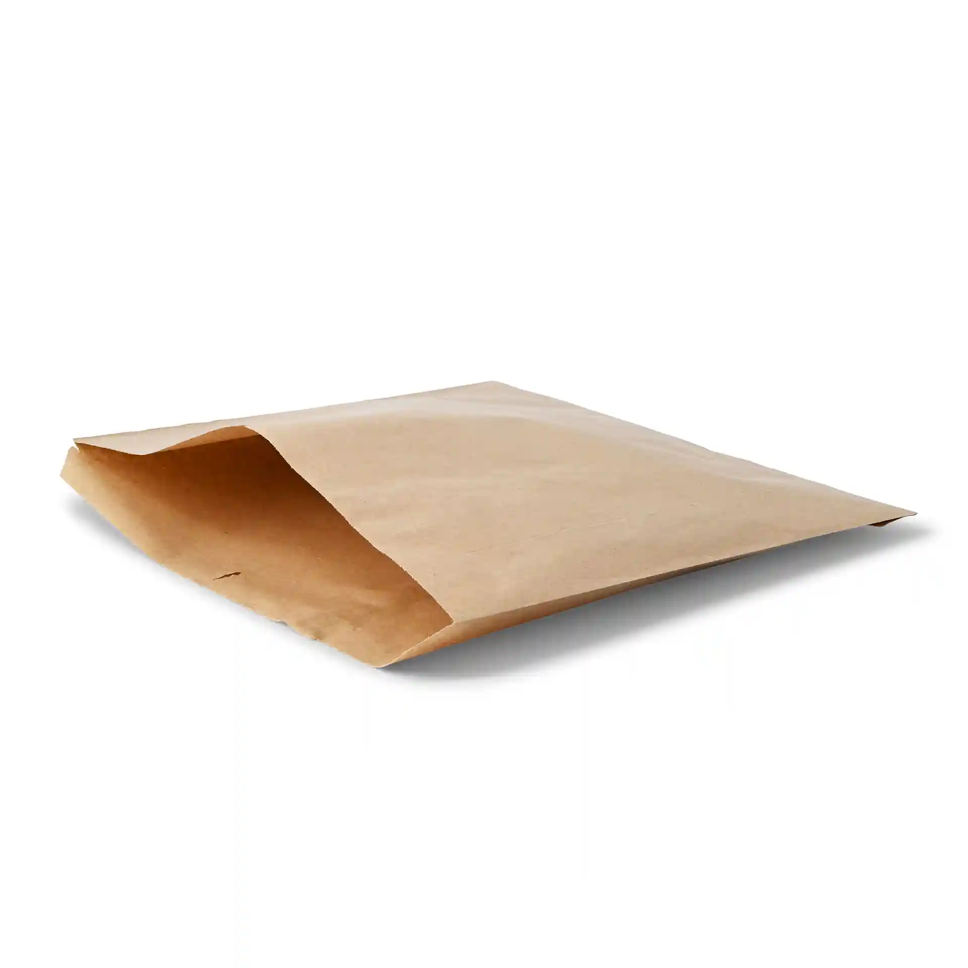 Brązka torba płaska z papieru kraft o wymiarach 30 x 29 cm, pokazana z otwartą klapą z jednej strony.