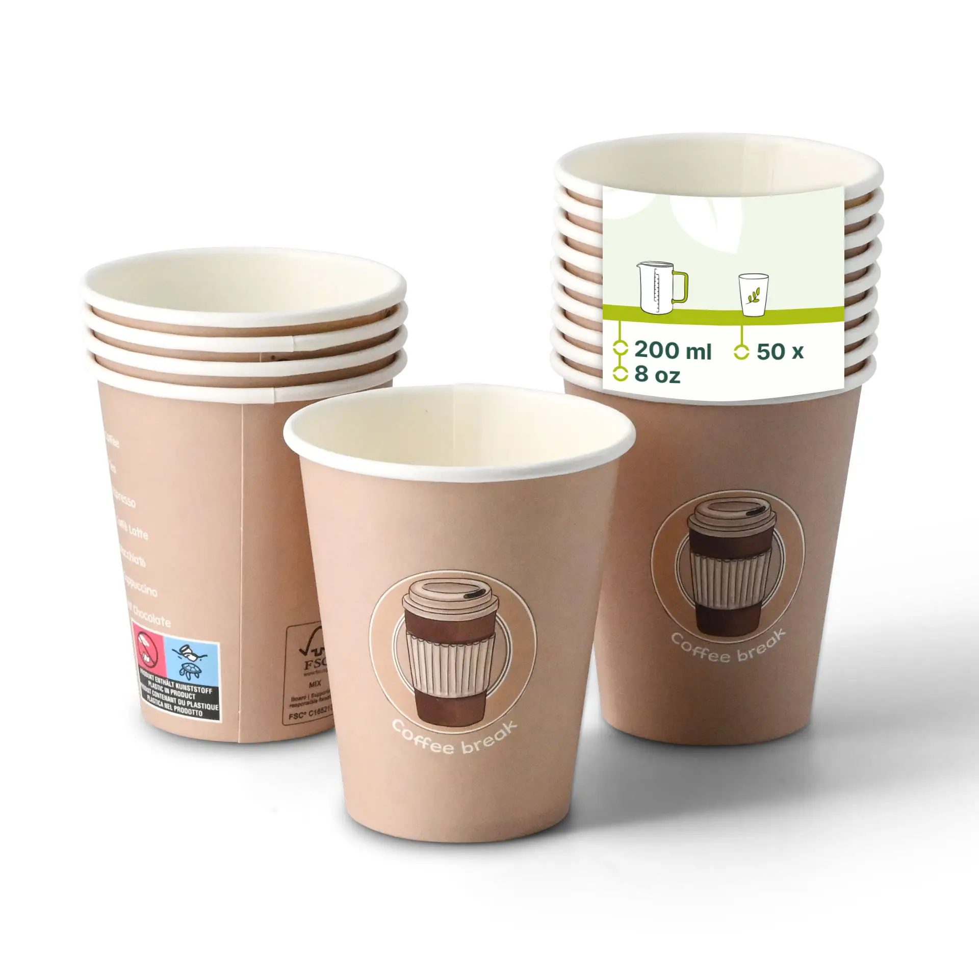 Jeden papierowy kubek 8 oz z nadrukiem "Coffeebreak"; kilka podobnych kubków częściowo widocznych z tyłu.