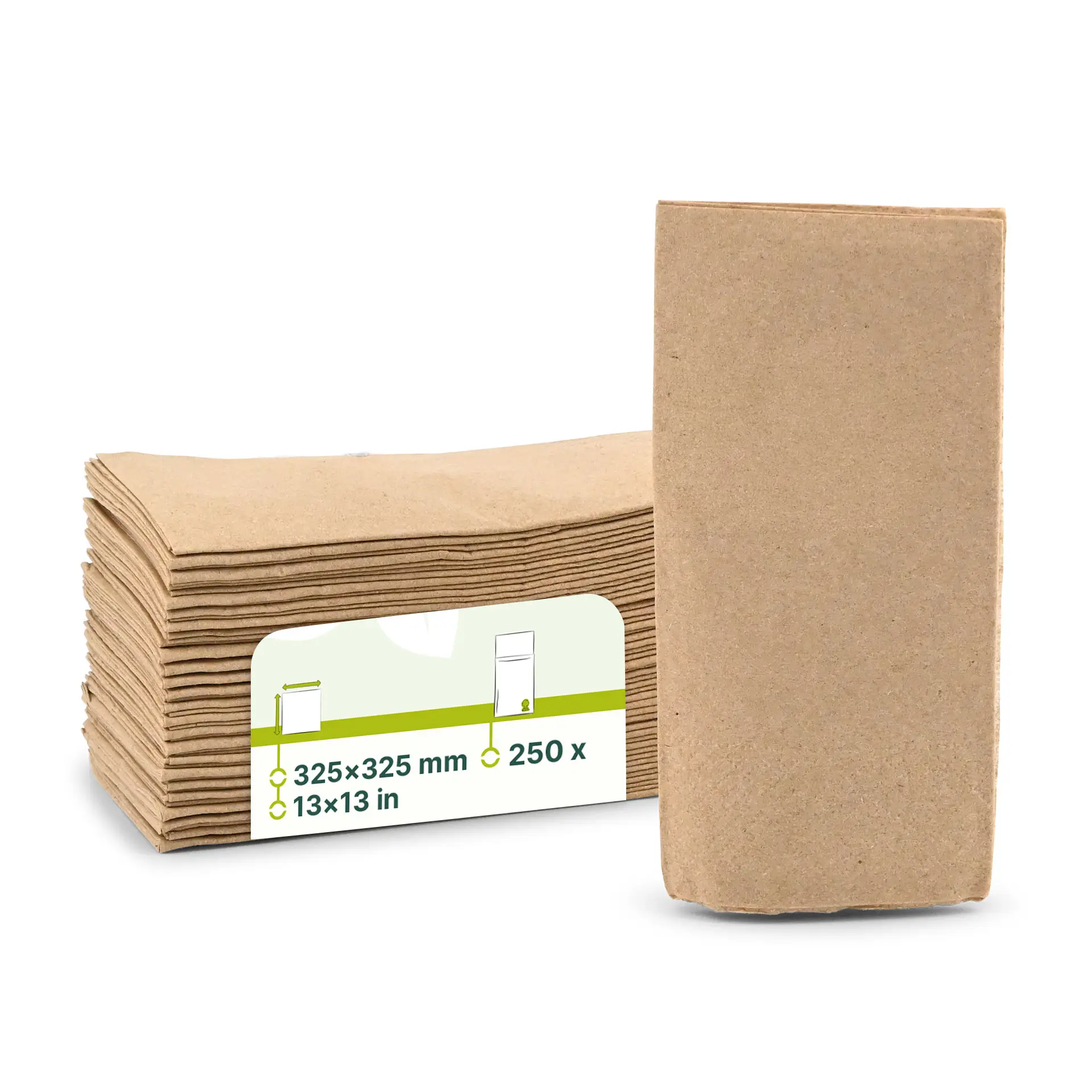 Stos niebielonych serwetek papierowych z recyklingu, 32,5 x 32,5 cm, z etykietą pokazującą wymiary i ilość.