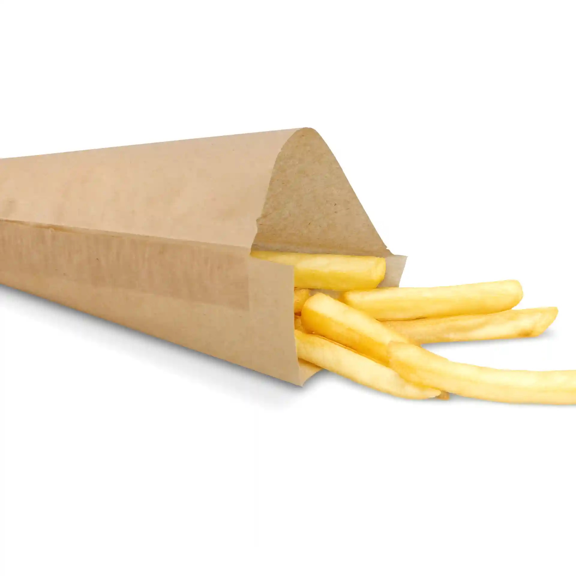 Brązowa papierowa torba na frytki z częściowo widocznymi frytkami, o wymiarach 19 cm na 19 cm.
