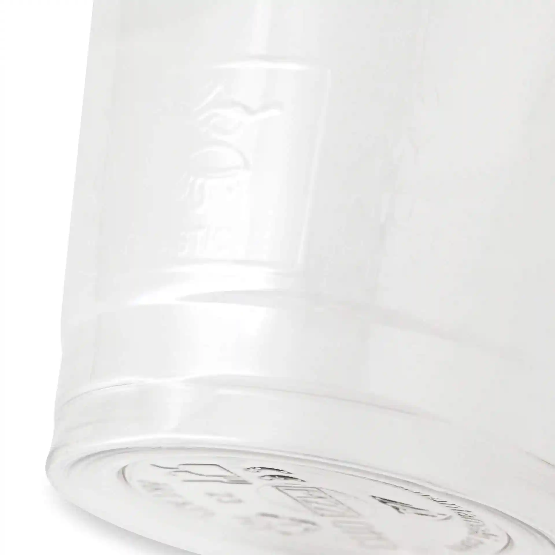 Przezroczysty kubek rPET 12 oz o średnicy 95 mm i wysokości 107 mm, pokazujący szczegóły dna i boku.