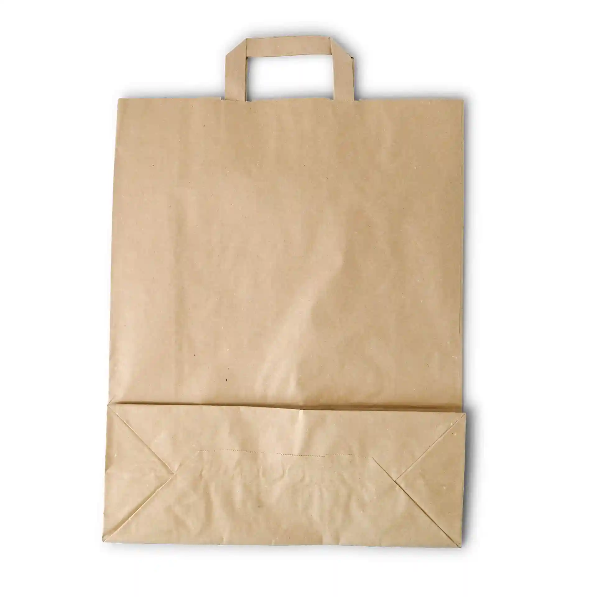 Brązowa torba papierowa z płaskim dnem i dwoma uchwytami, o wymiarach 32 x 12 x 40 cm.
