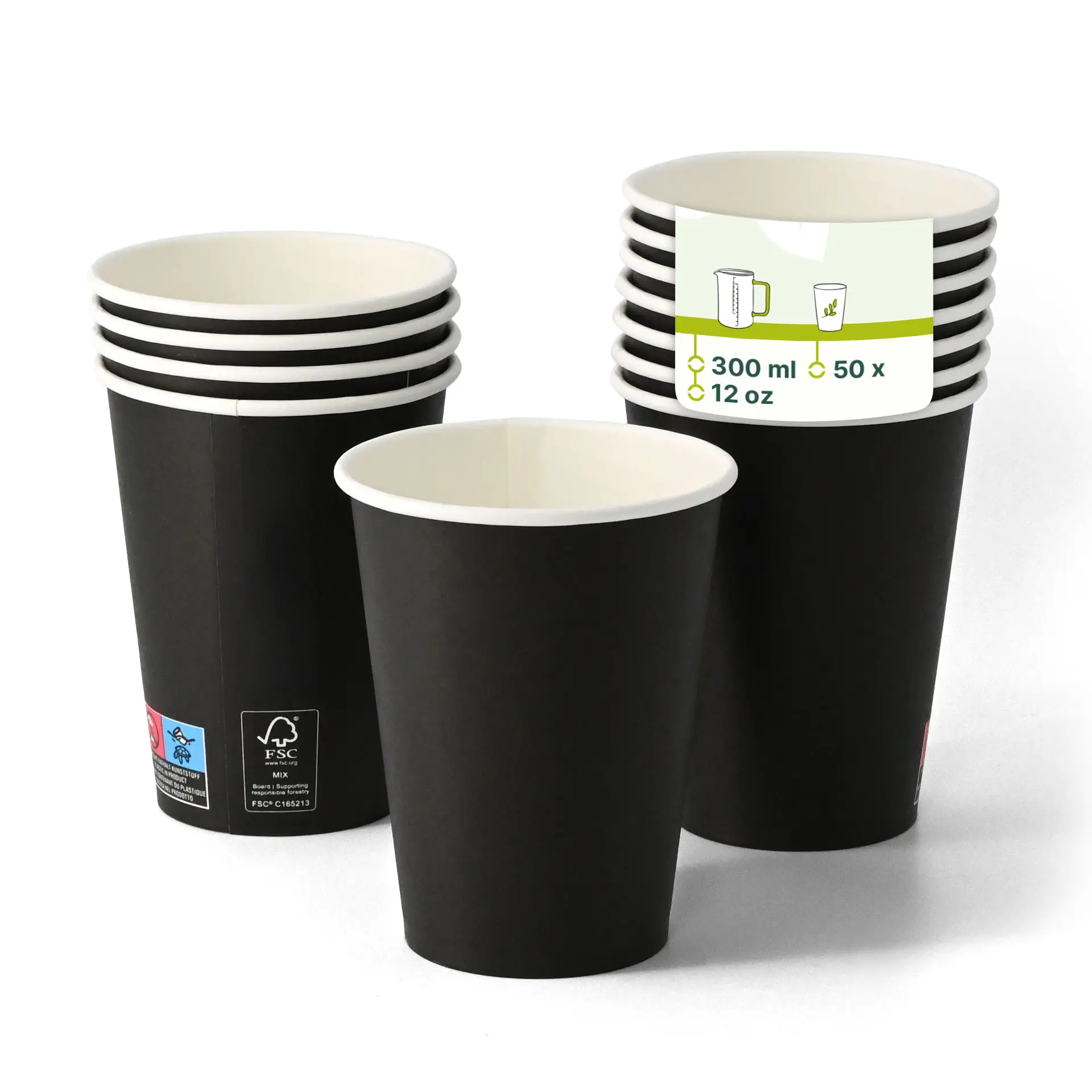 Czarne kubki z białym wnętrzem, ułożone z etykietą pokazującą pojemność 12 oz i objętość 300 ml.
