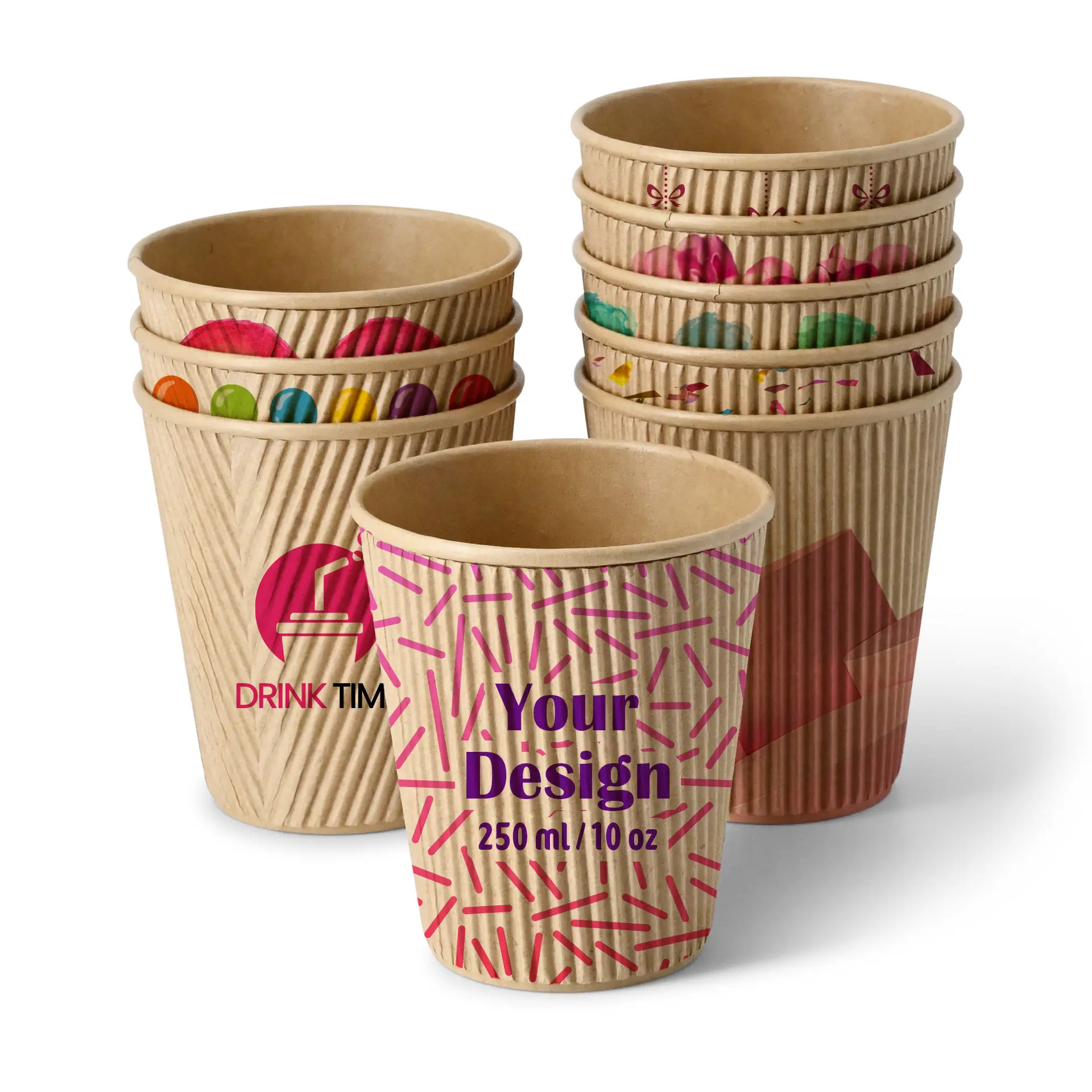 Riffelbecher bedruckt, 250 ml / 10 oz, braun, PLA-beschichtung
