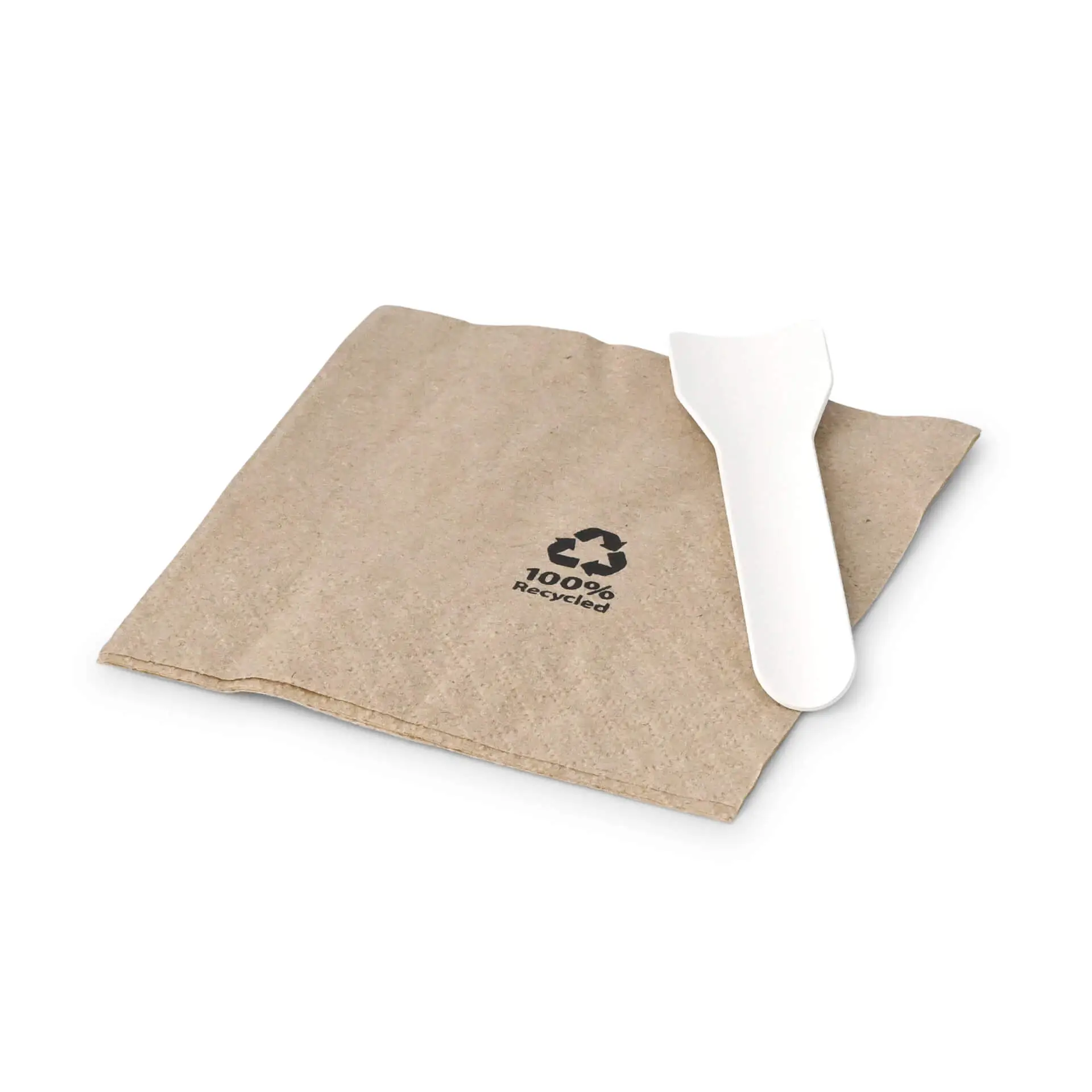 Jedna biała plastikowa szpatułka na brązowym serwetce z papieru recyklingowego; subtelne logo recyklingu widoczne.