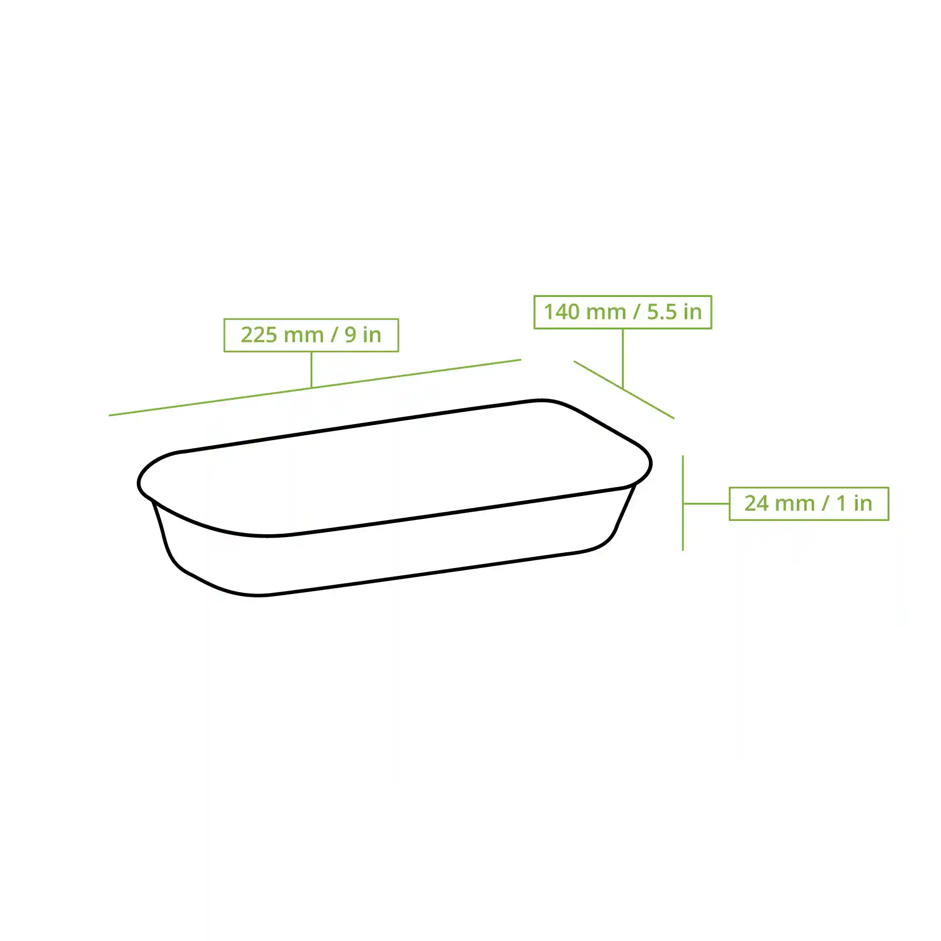 Schematyczny rysunek prostokątnego pudełka na sushi z wymiarami: 225 mm długości, 140 mm szerokości i 24 mm wysokości.