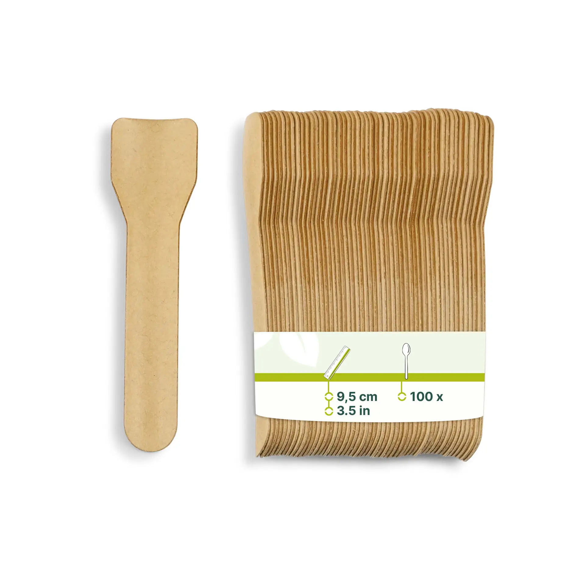 Brąski papierowy spatula do lodów, 9,5 cm, z zestawem podobnych spatuli w pobliżu. Materiał certyfikowany przez FSC® i pochodzenia bio.