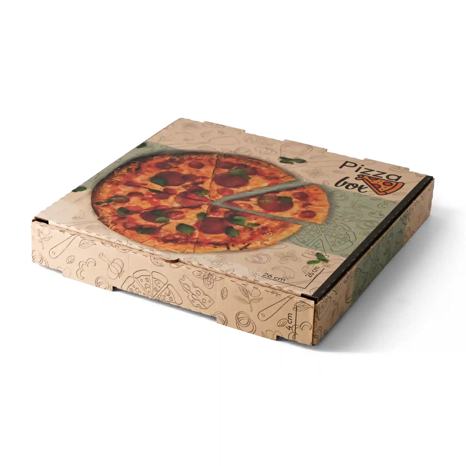Brąsna pudełko na pizzę z nadrukowanym wzorem pizzy na górze, o wymiarach 26 x 26 x 4 cm.