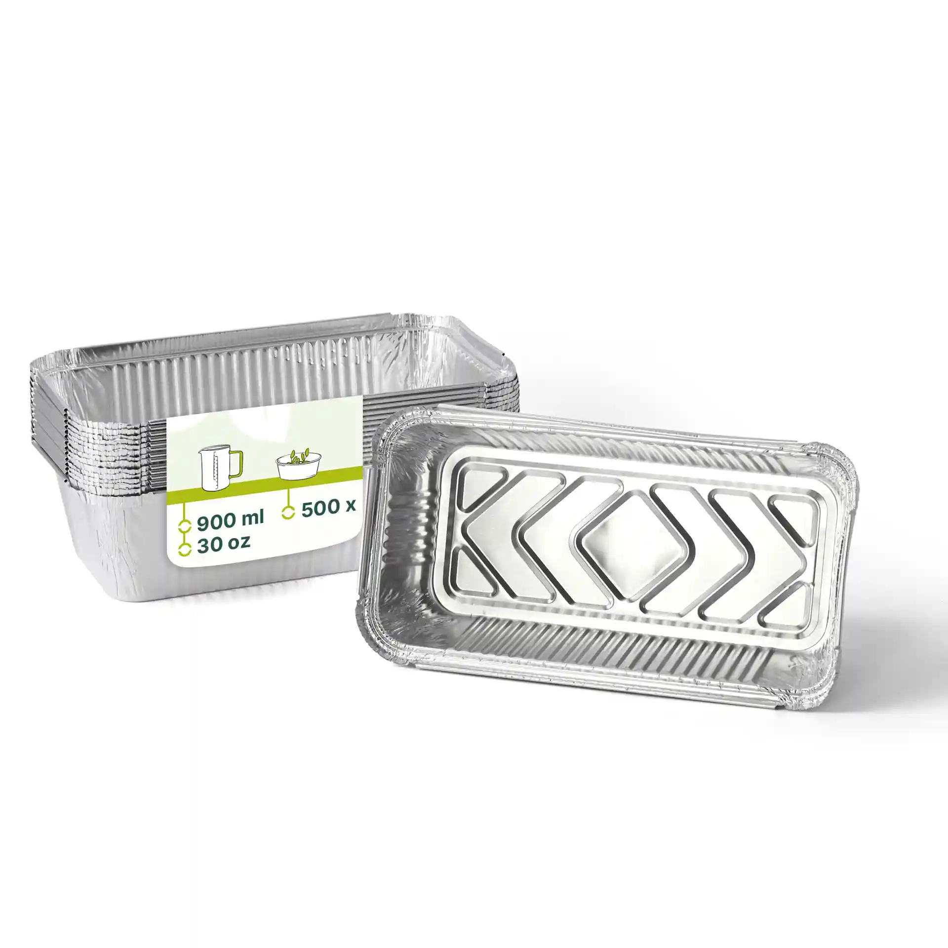 Prostokątne pojemniki aluminiowe o pojemności 900 ml, wymiary 21,8 x 11,3 x 5,4 cm, ułożone w stos z jednym wyeksponowanym.