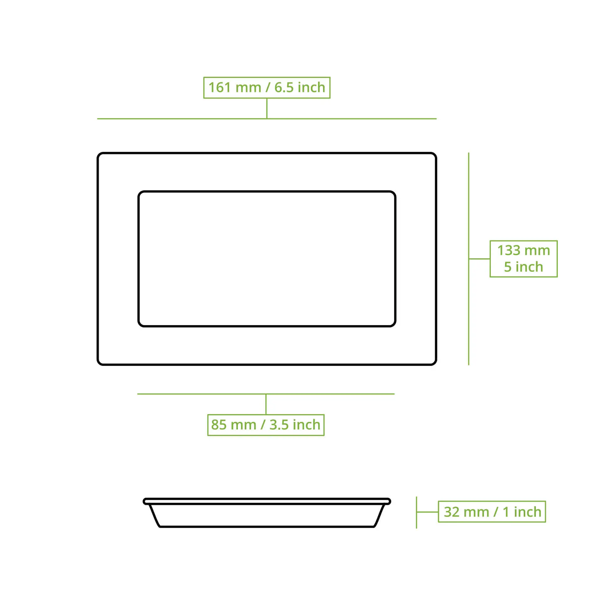 Głęboki prostokątny talerz z liści palmowych, 16 x 13 cm, z wymiarami; lekki, nadający się do układania i kompostowania.