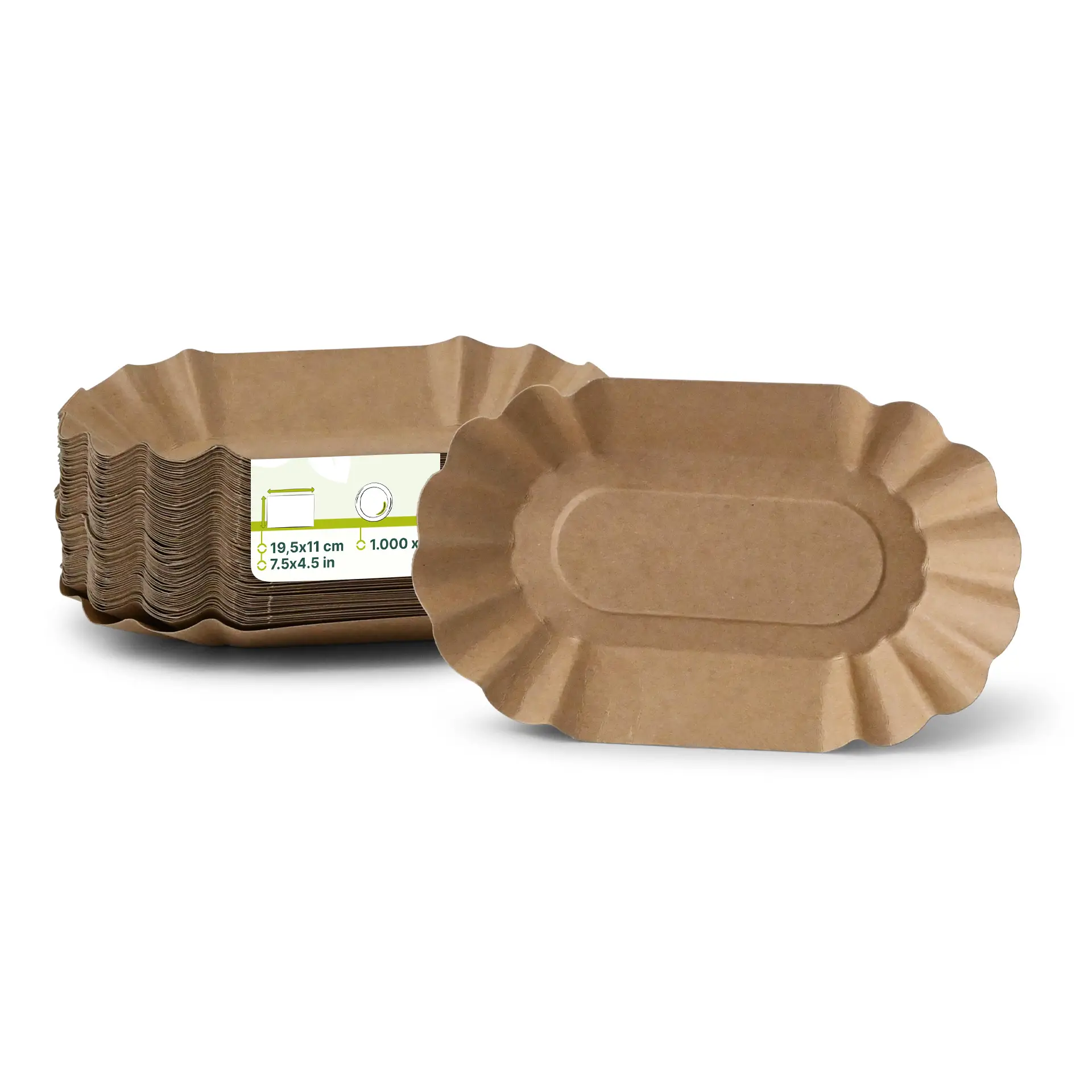 Tace kartonowe wykonane z recyklingu; brązowy owalny kształt, rozmiar 19,5 x 11 cm, idealne na przekąski i smakołyki.