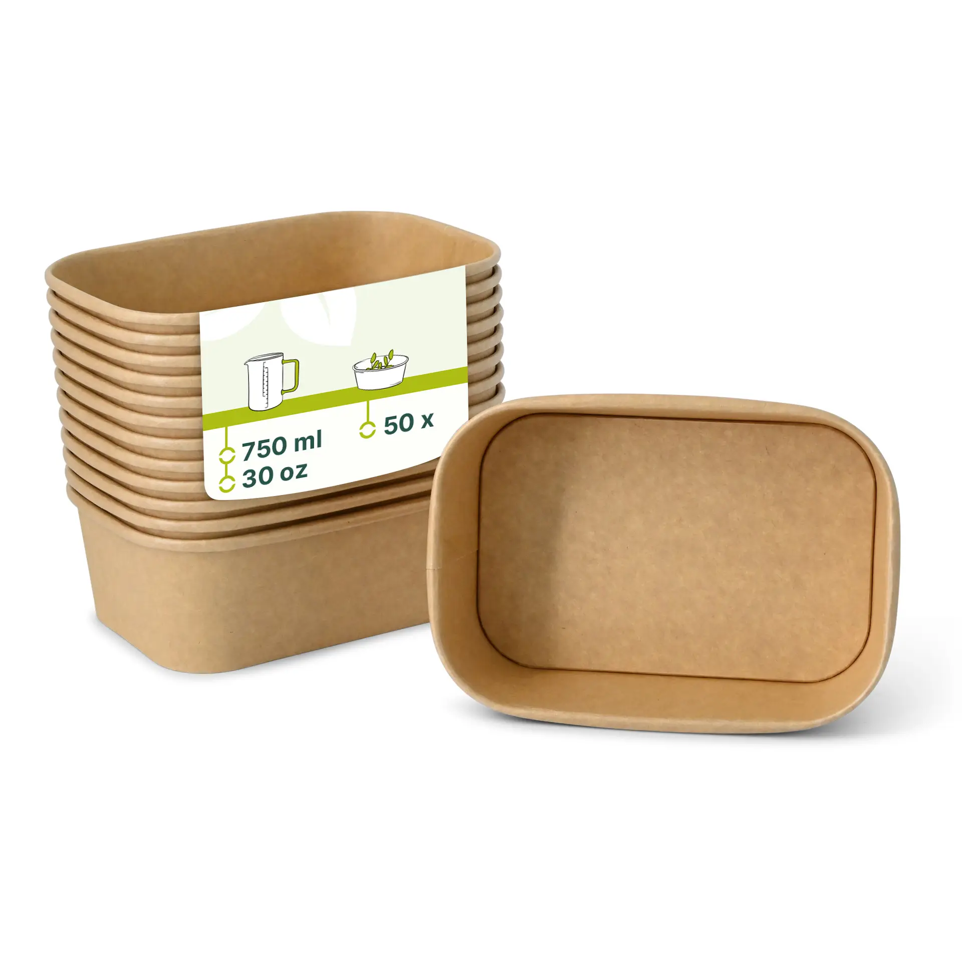 Pojemniki Kraft na sałatki, ryż i kluski; pojemność 750 ml; biodegradowalne i kompostowalne; zawiera 50 pojemników.