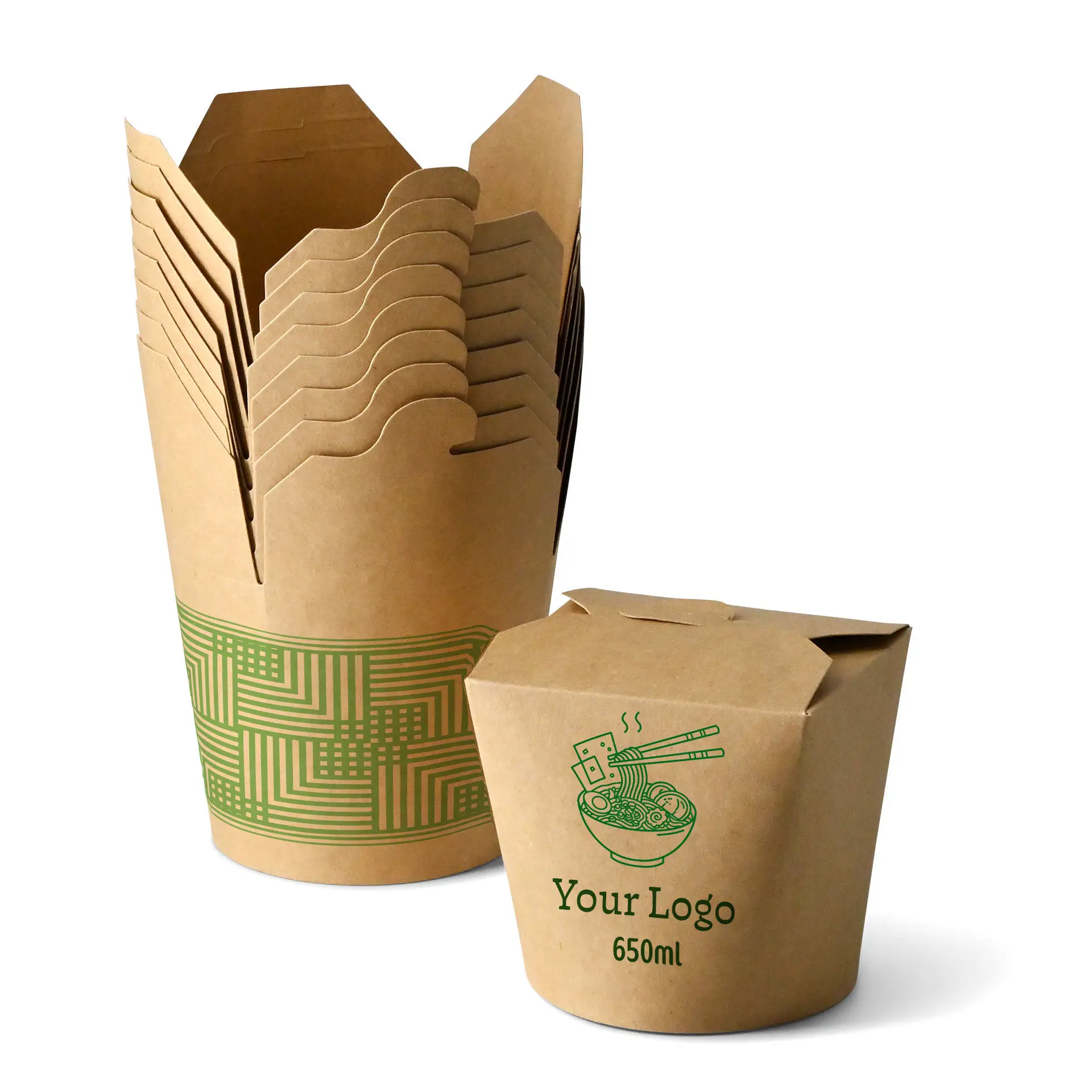 Pudełka na makaron z nadrukiem, 650 ml, brązowe, powłoka PLA