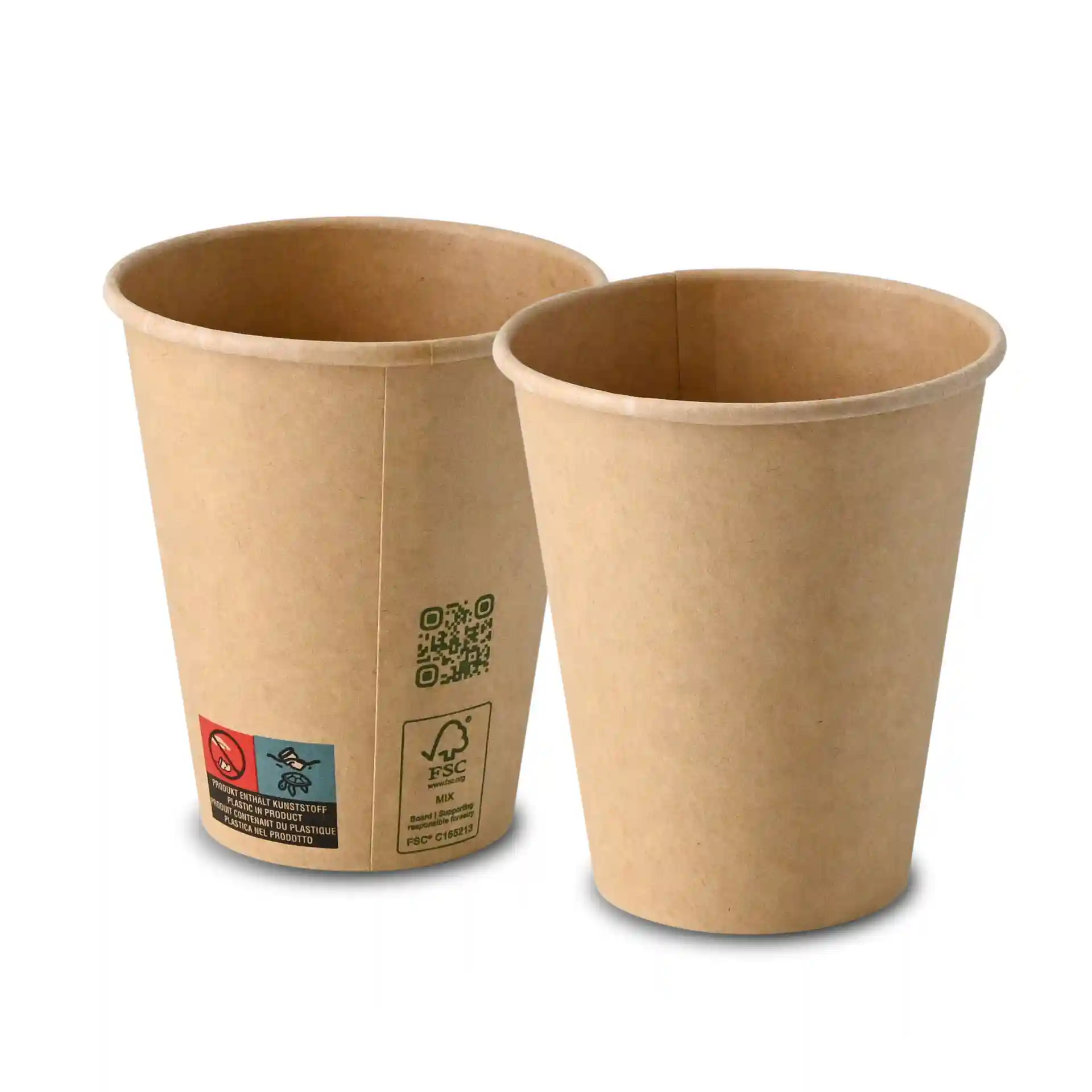 Brązowe papierowe kubki z pojedynczą ścianką, pojemność 250 ml, wysokość 100 mm i średnica 90 mm.