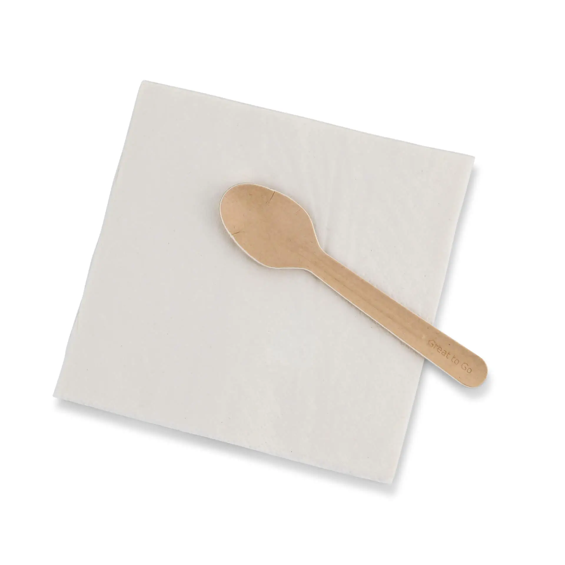 Brą Spoon papierowy na białej serwetce z symbolem recyklingu i tekstem, pokazującym wymiary i szczegóły materiału.