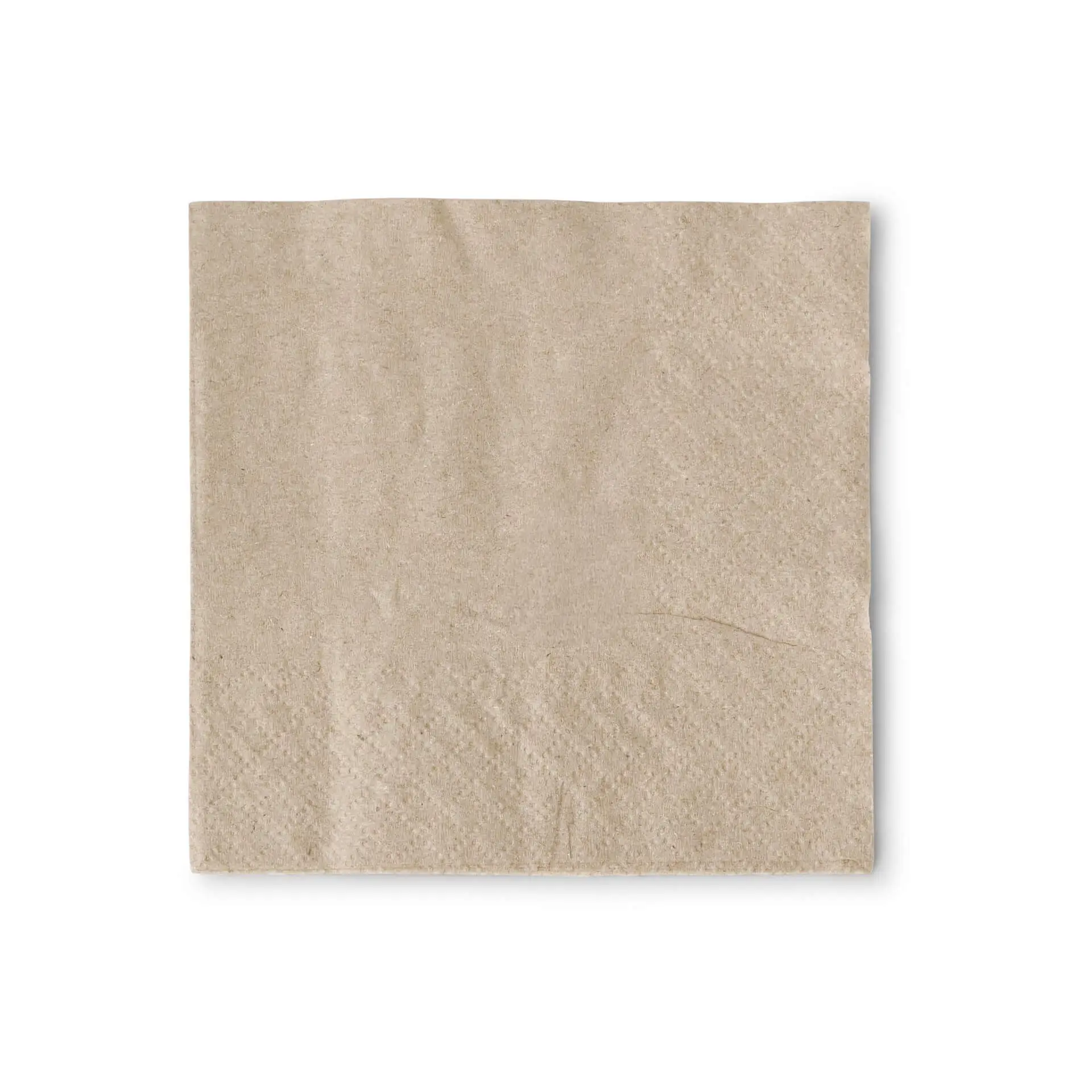 Kwadratowa brązowa serwetka koktajlowa z recyklingowanego papieru, 20 x 20 cm, z nadrukowanym symbolem recyklingu i tekstem.