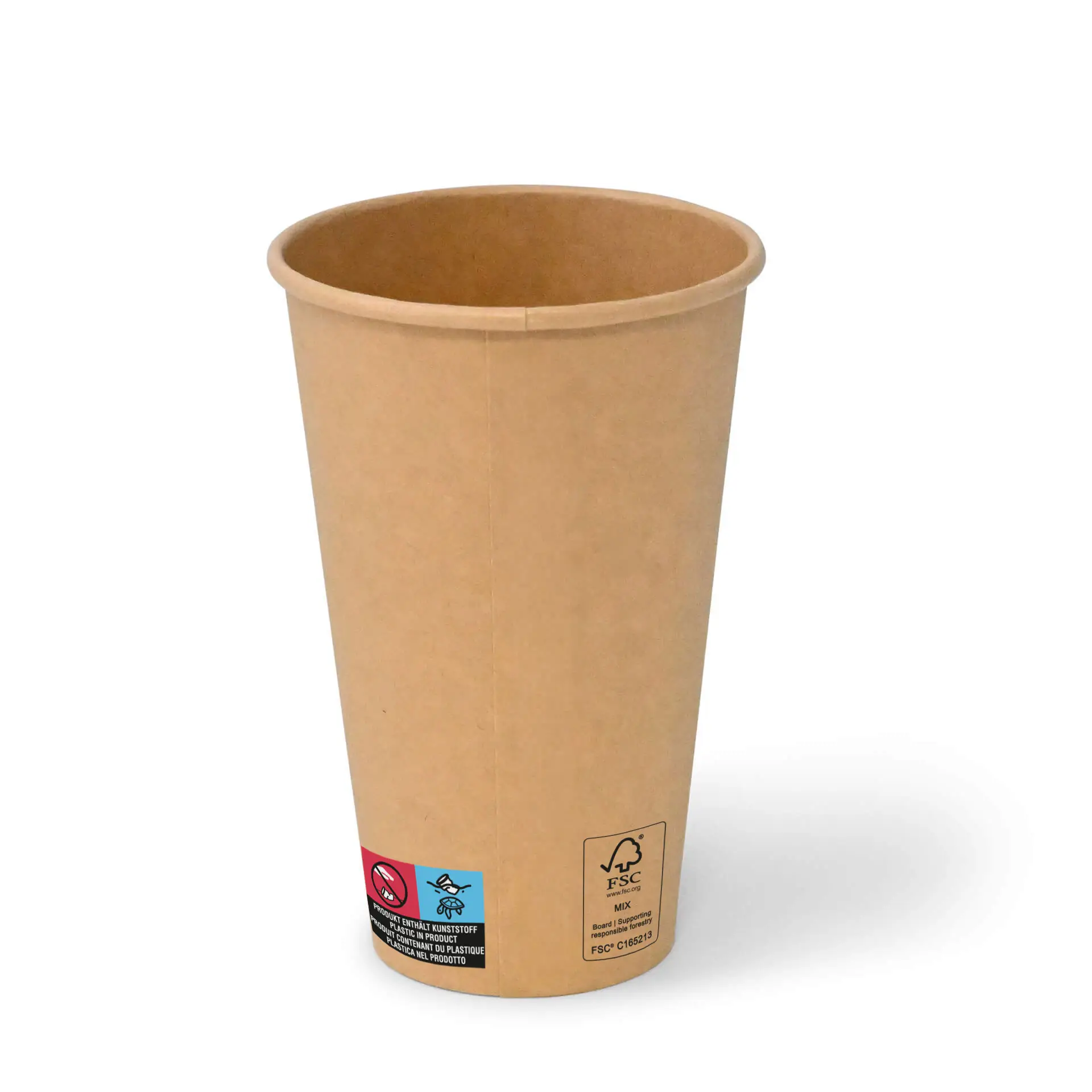 Brąski kubek papierowy 16 oz z powłoką PE; ma pionową etykietę z oznaczeniami dla materiałów i recyklingu.