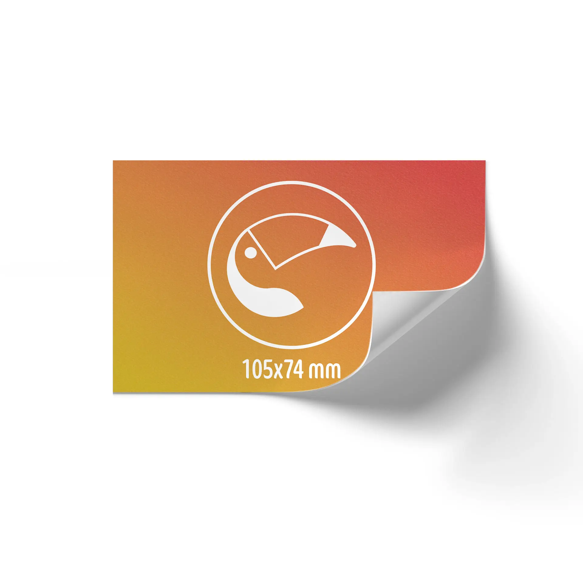Prostokątna rolka etykiet, 105x74 mm, z pomarańczowym gradientem i symbolem ptaka.