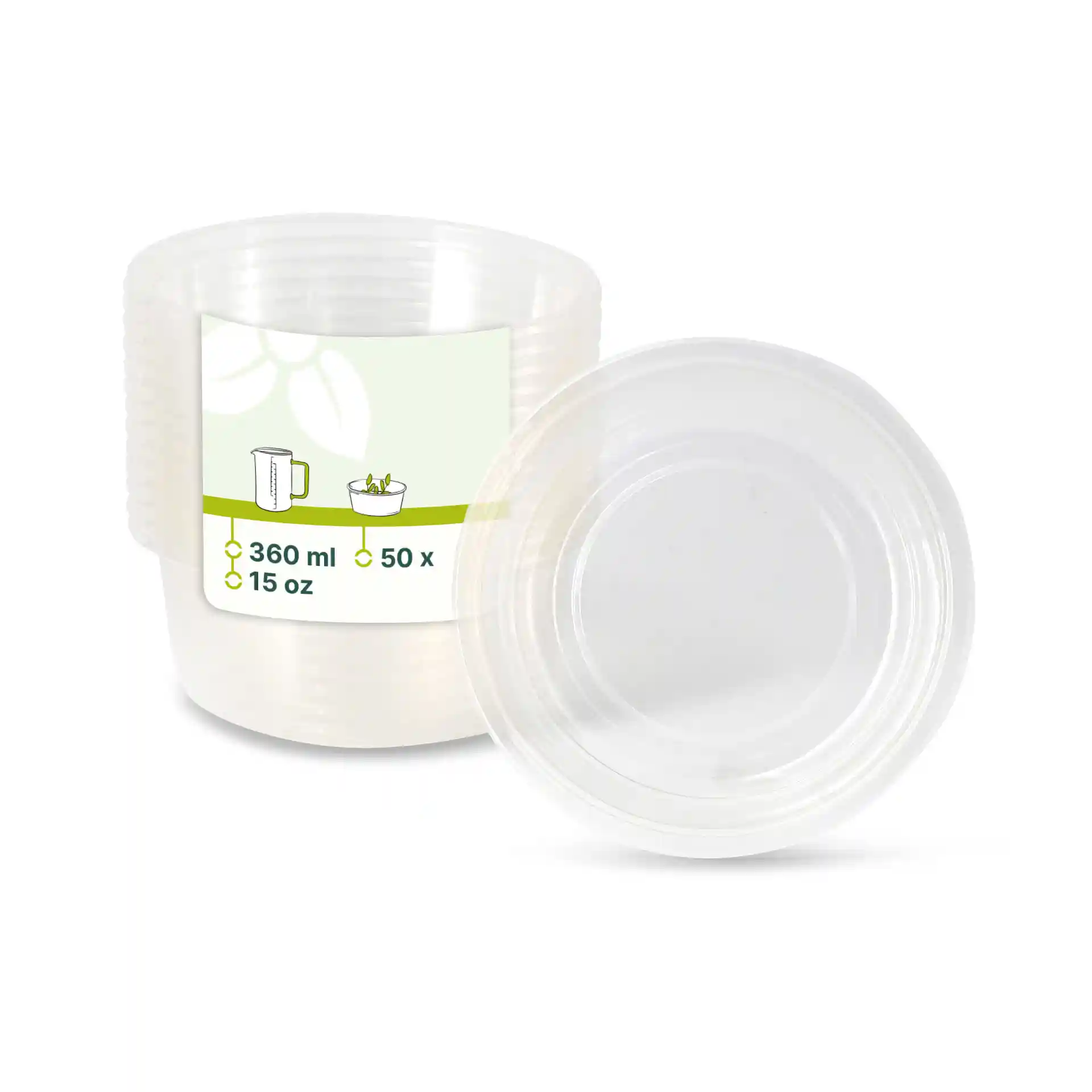 Przezroczysty okrągły pojemnik deli o pojemności 360 ml i średnicy 121 mm, pokazany obok innego pojemnika.