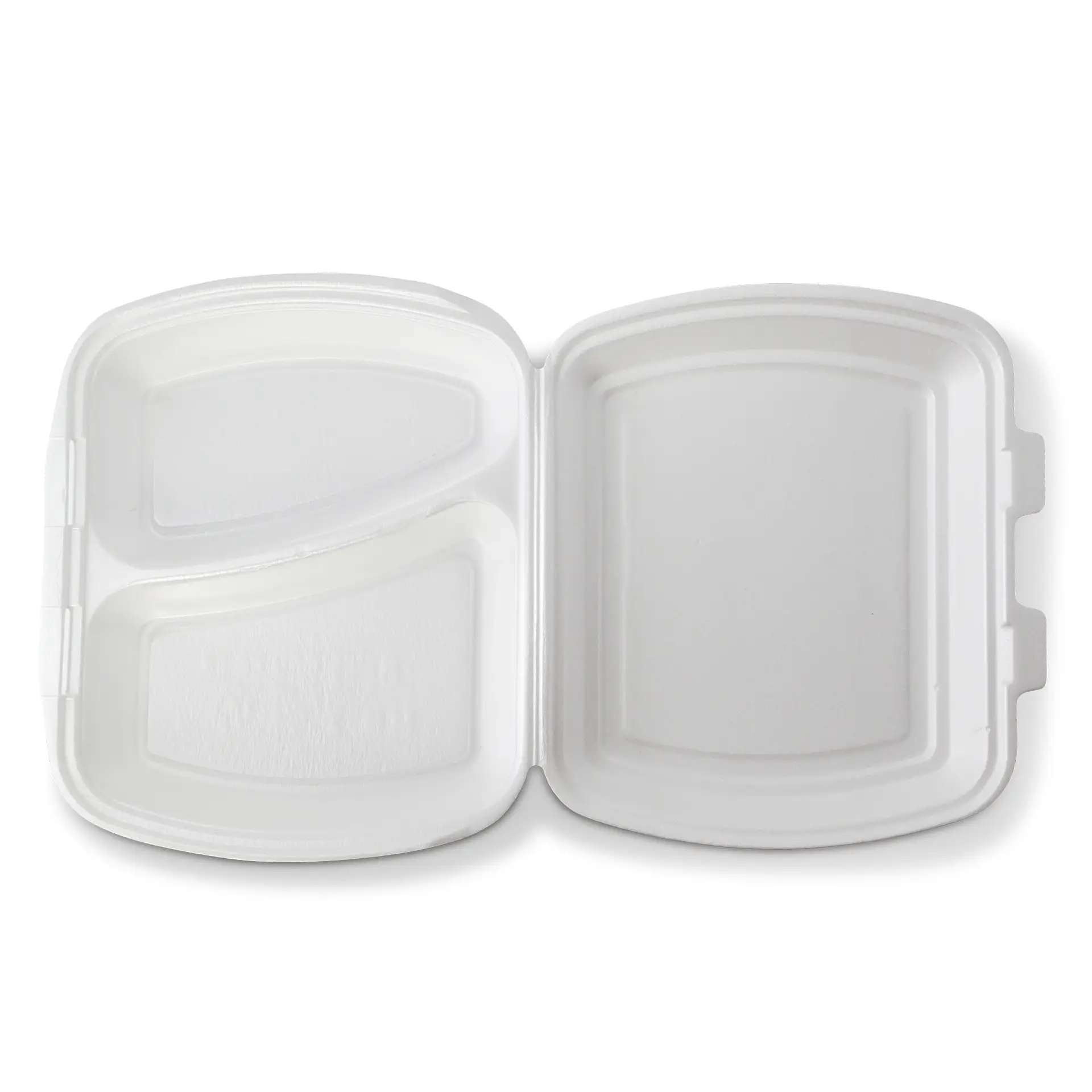 Biały pojemnik na jedzenie na wynos z dużą i małą przegrodą, otwarty, aby pokazać wewnętrzne sekcje.