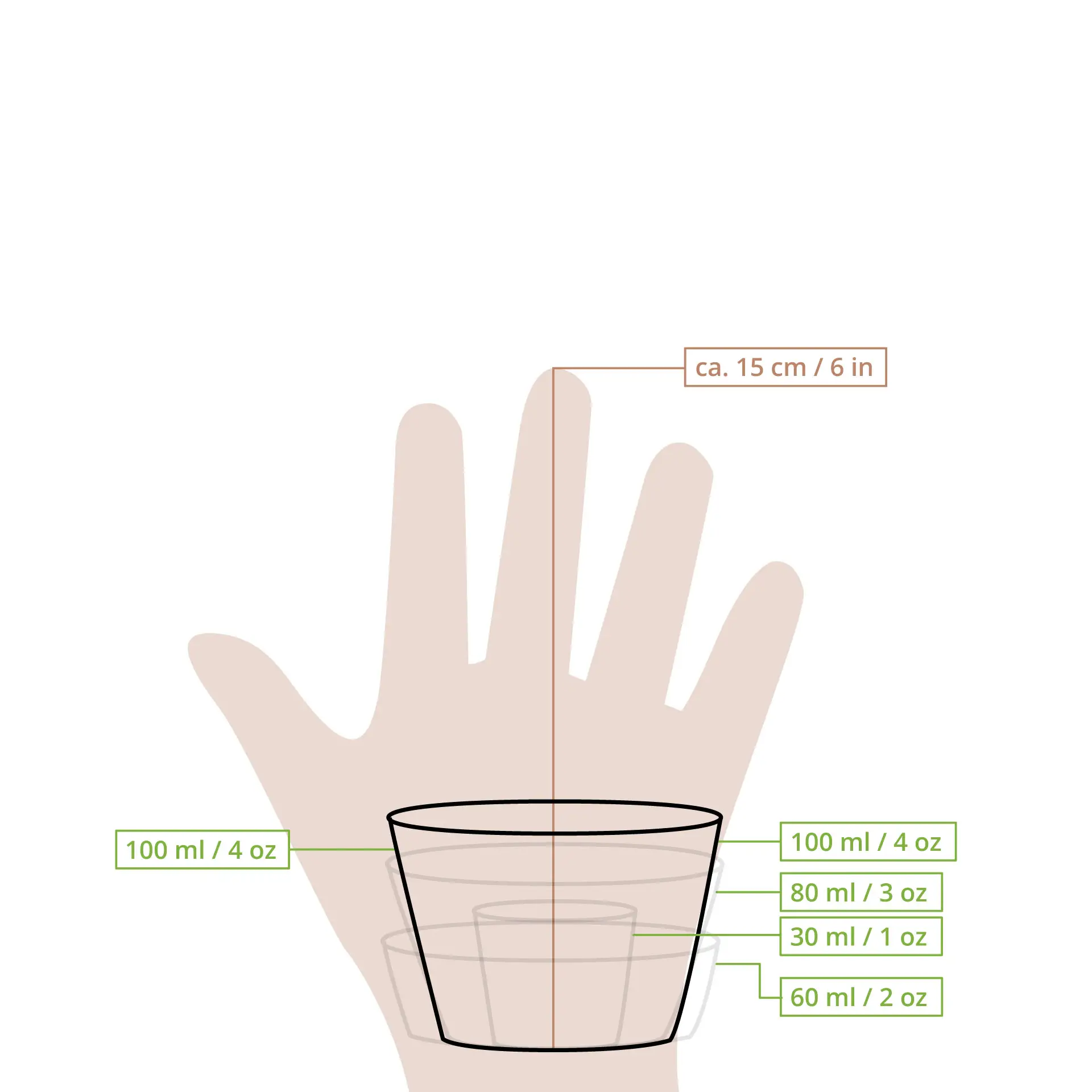 Jasny kubek PLA na dłoni, z oznaczeniami objętości 100 ml, 80 ml, 60 ml i 30 ml.
