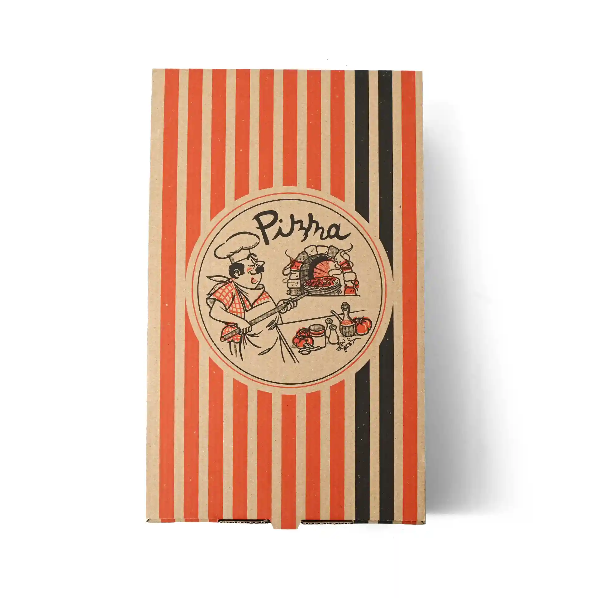 Brąska pudełko na pizzę z wzorem szefa pizzy, z czerwonymi i czarnymi paskami, 27 x 16 x 7 cm.
