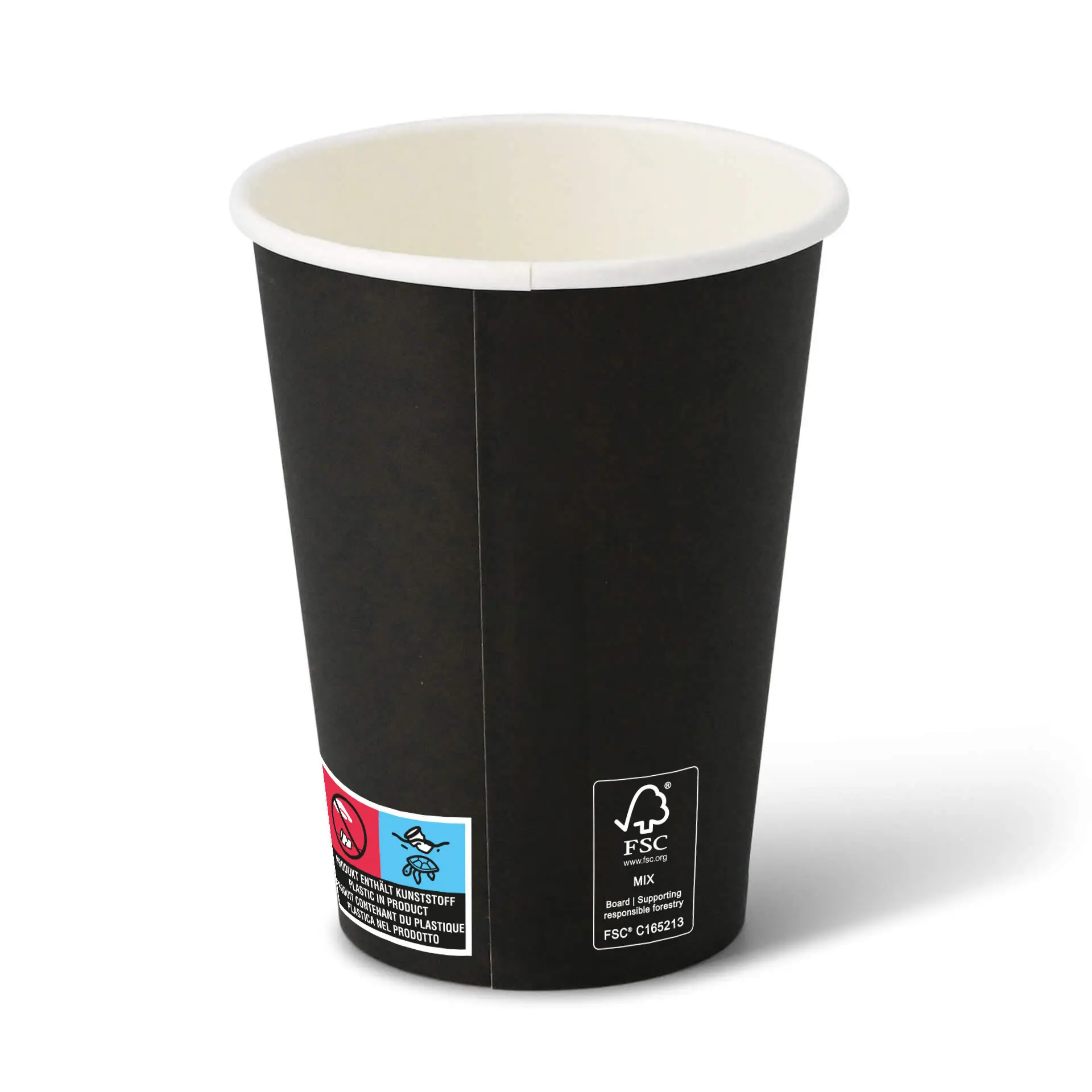 Czarny papierowy kubek 12 oz o okrągłym kształcie i białym wnętrzu, z różnymi etykietami z boku.
