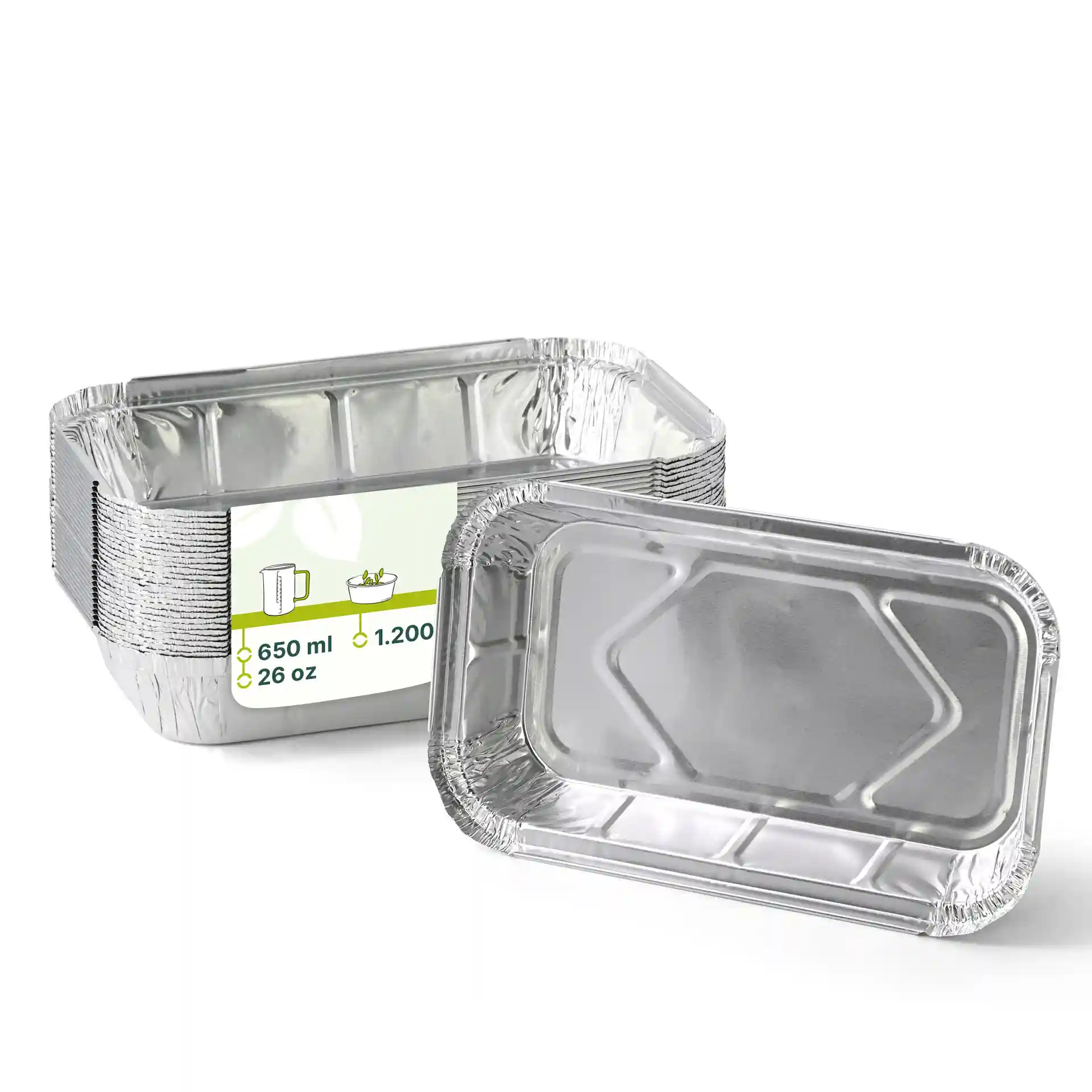 Prostokątny pojemnik aluminiowy o wymiarach 22,4 x 13,2 x 3,4 cm, o pojemności 650 ml.
