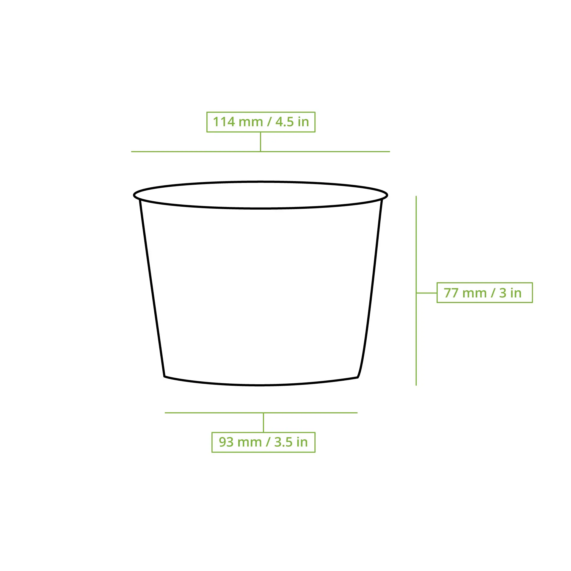 Biały kartonowy kubek na zupę z podanymi wymiarami; zaprojektowany do napojów gorących i zimnych, biodegradowalny, wykonany z materiałów zrównoważonych.